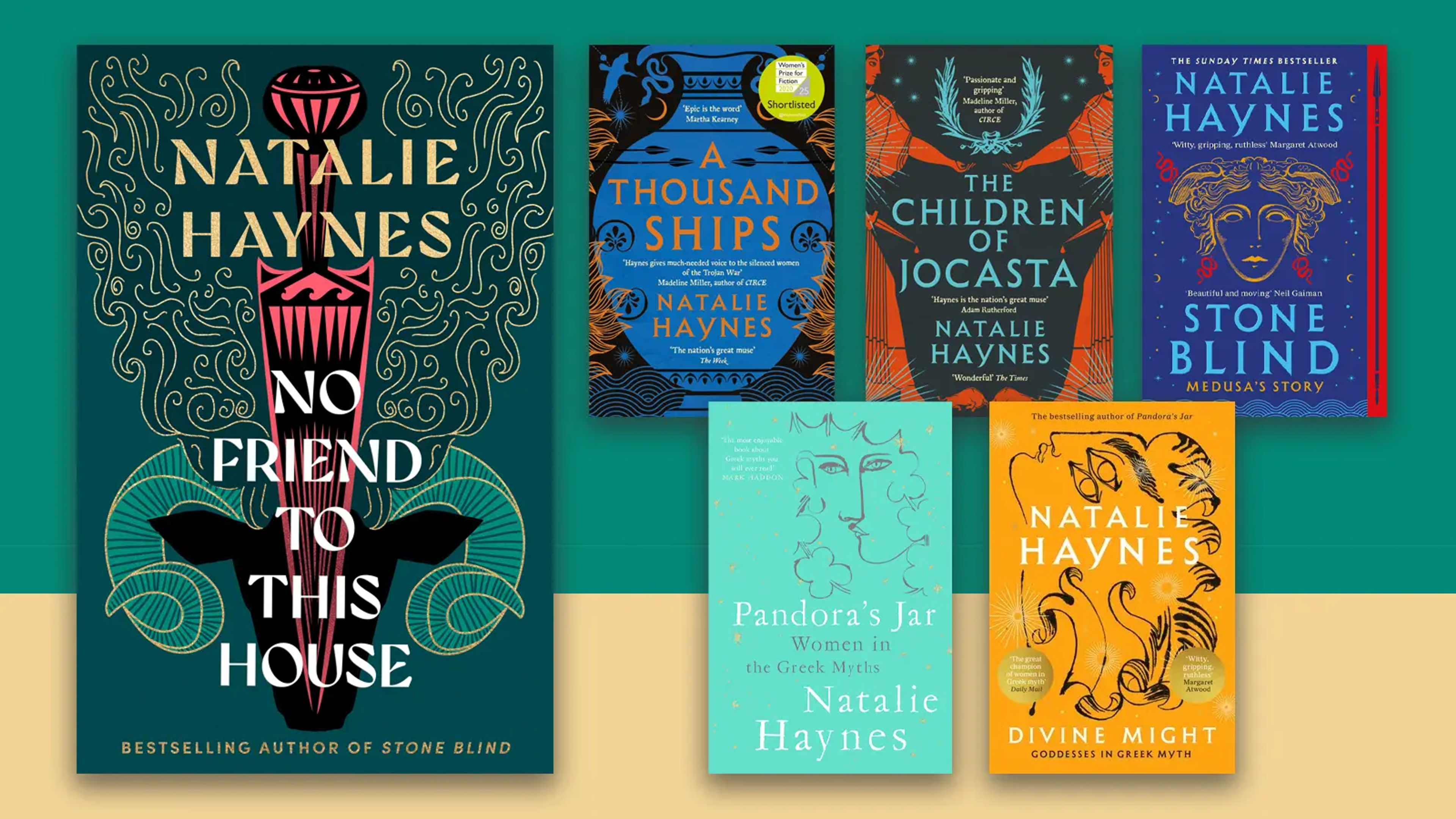 Book jackets on a a green and gold background