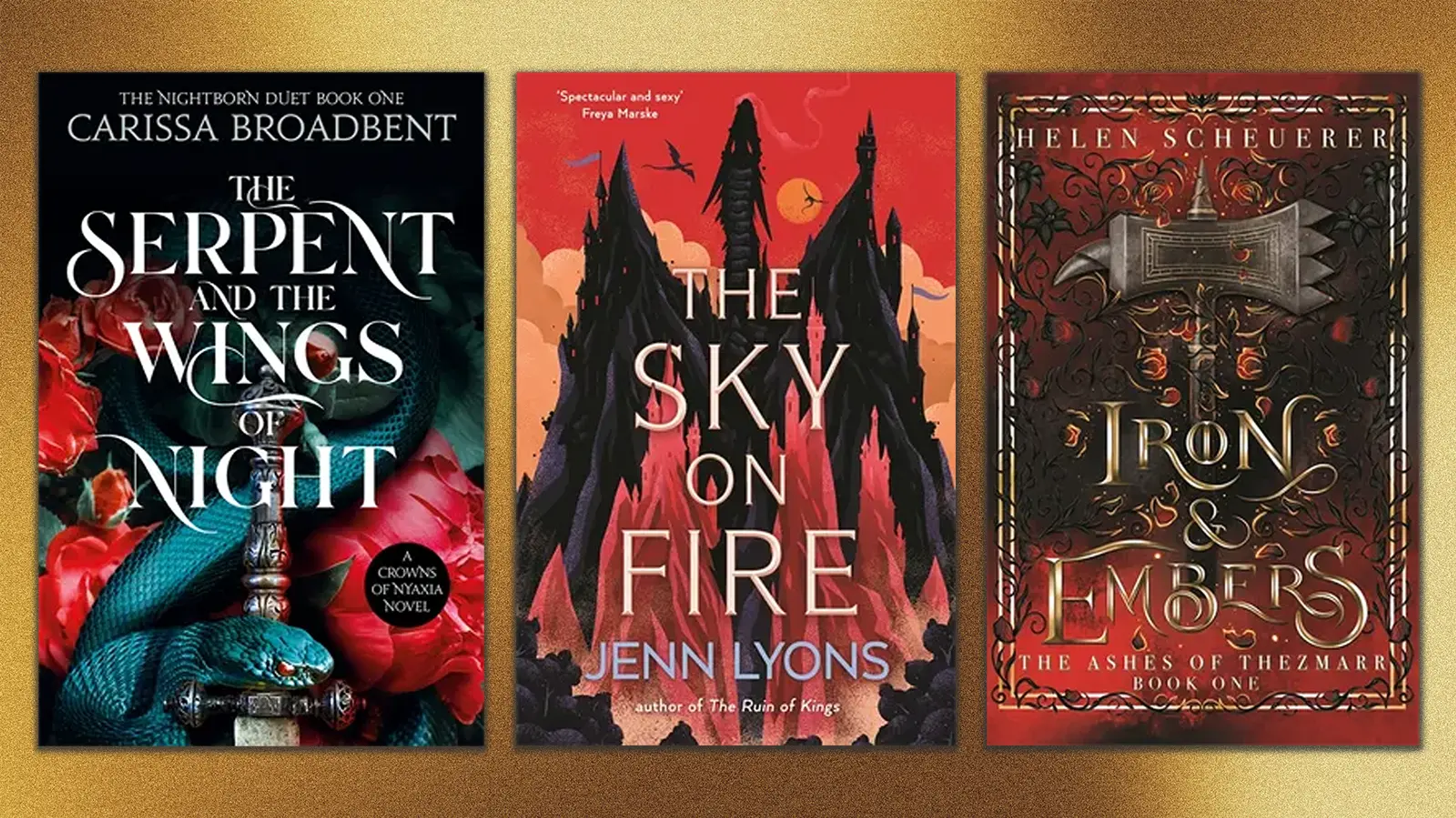 Book jackets on a gold background