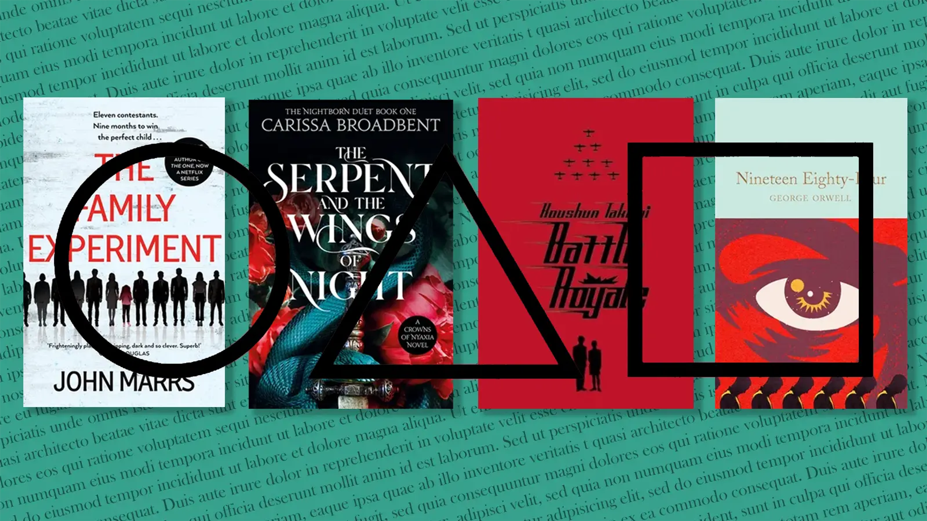 Text and book covers overlaid with the Squid Gamer player logo