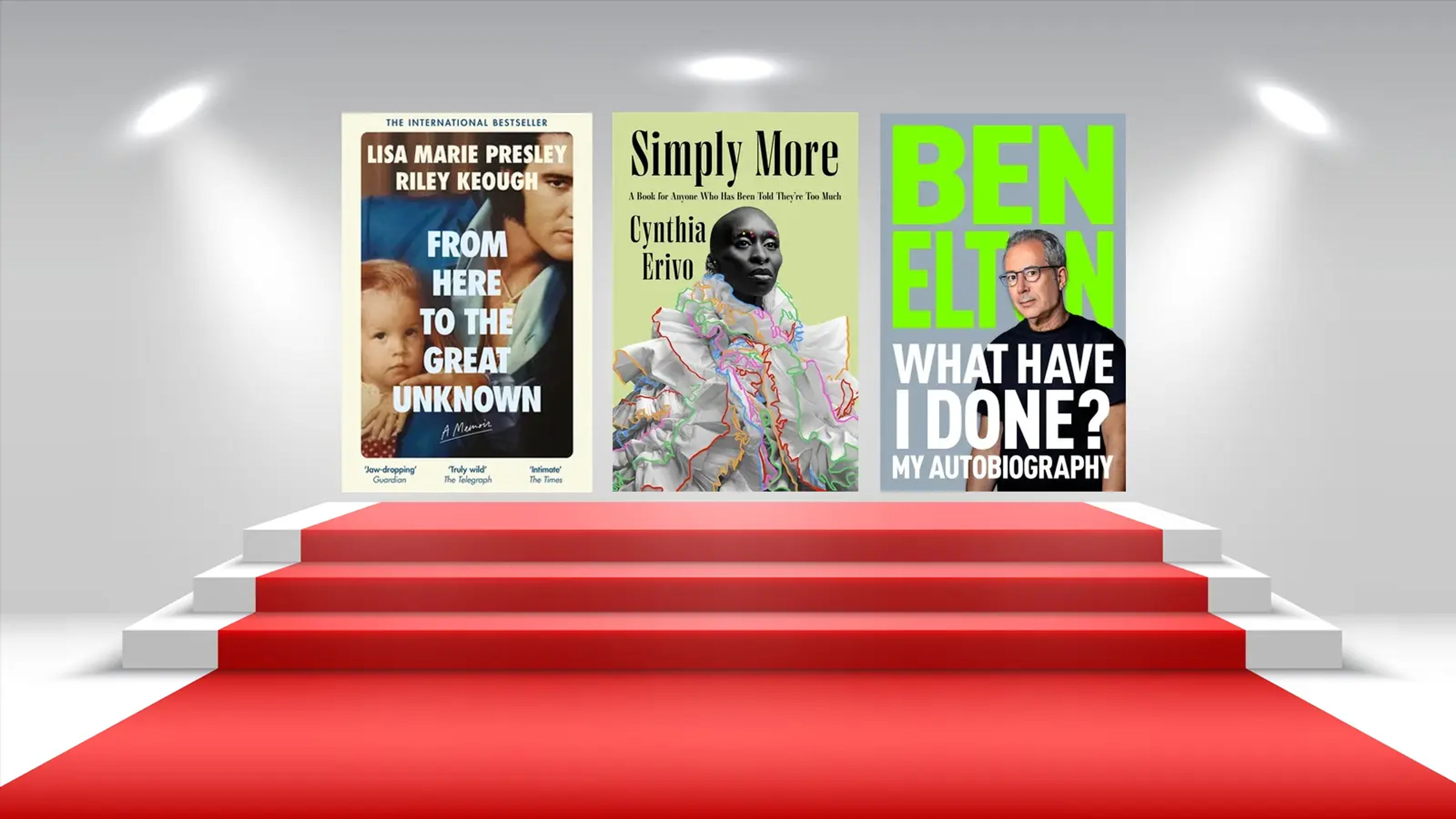 A red carpet leading up some white stairs with three book covers on it.