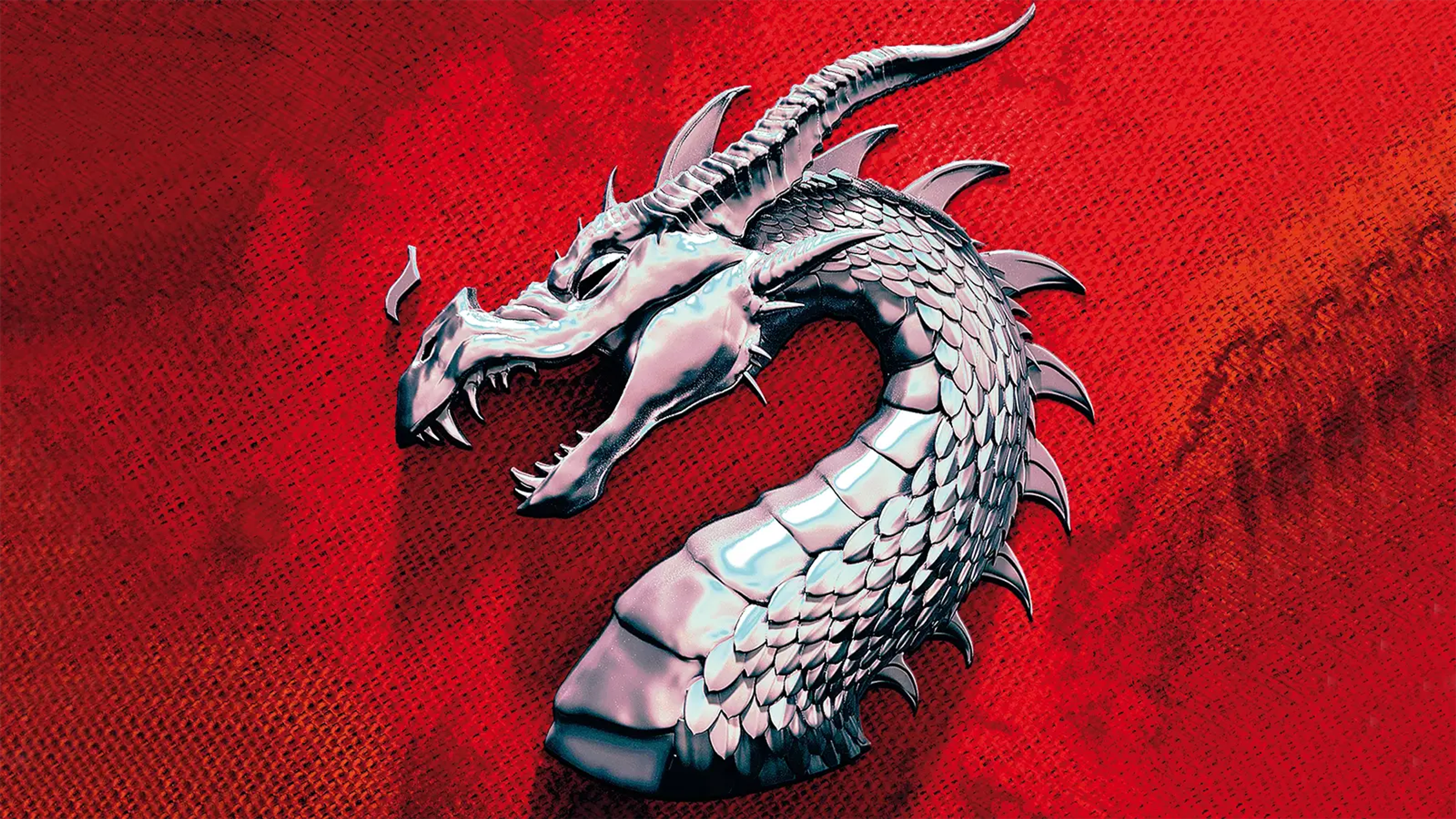 A dragon's head on a dramatic red background