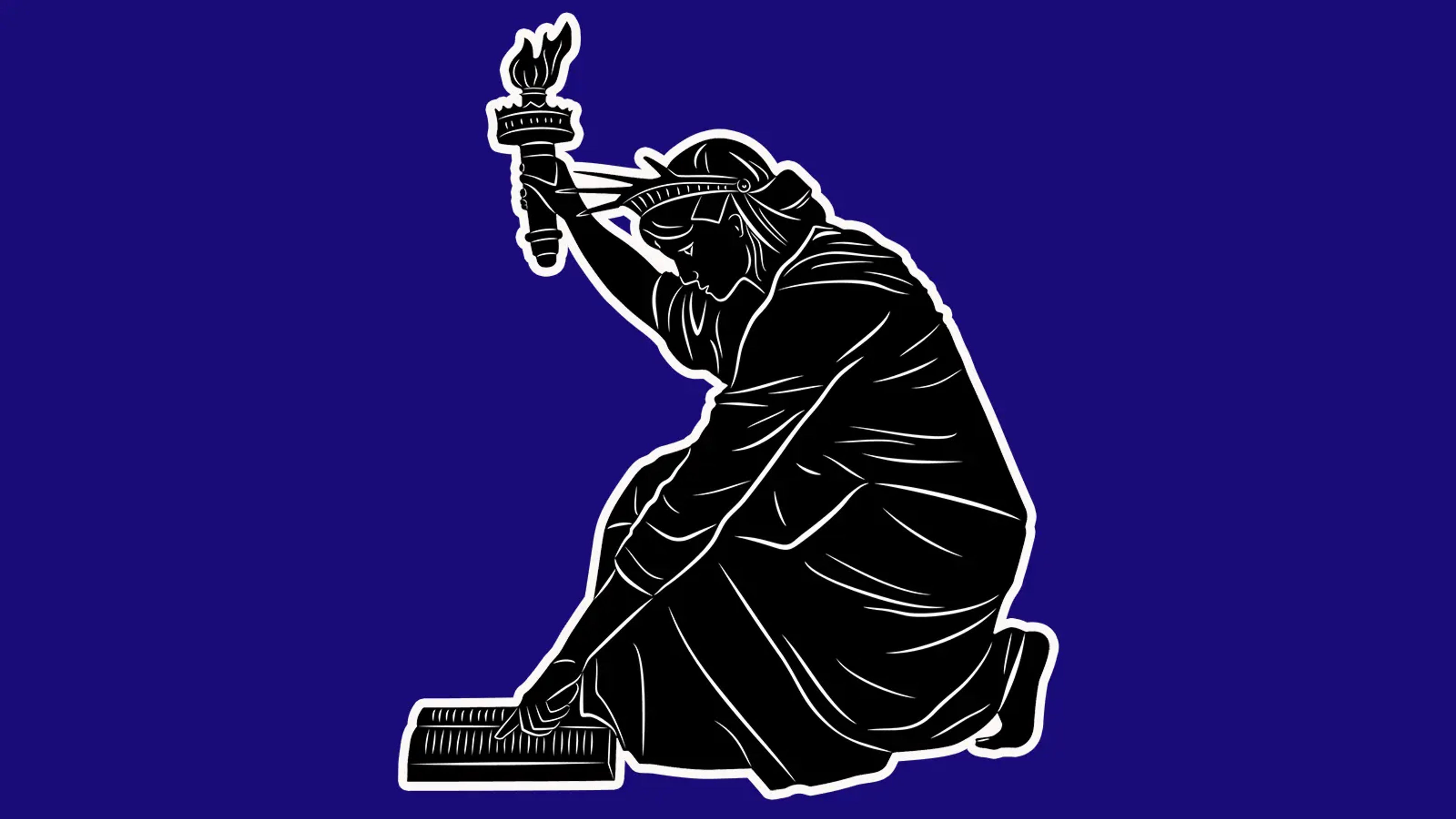 An illustration of the statue of liberty reading a book