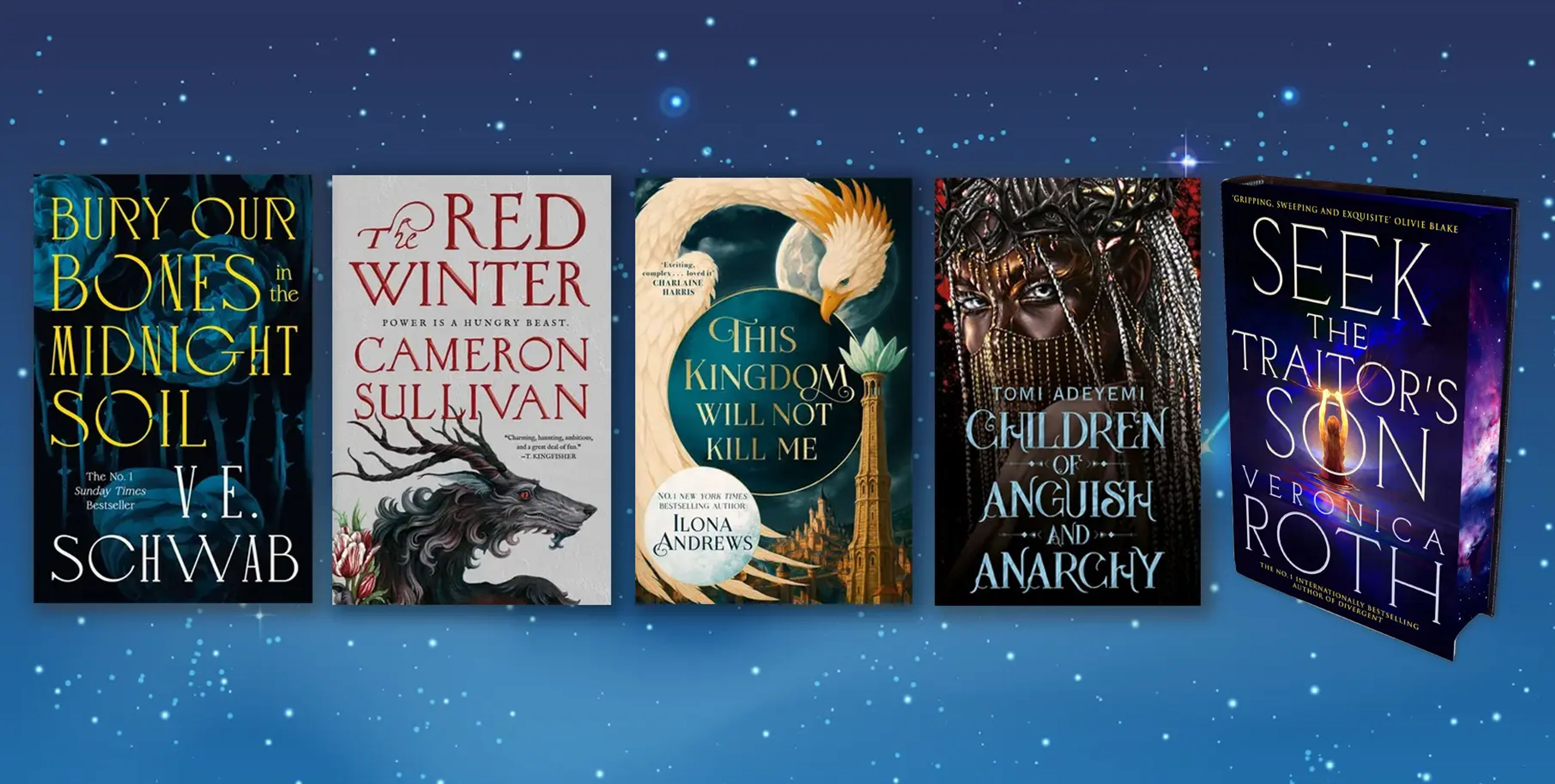 A starry sky with 5 book covers overlaid