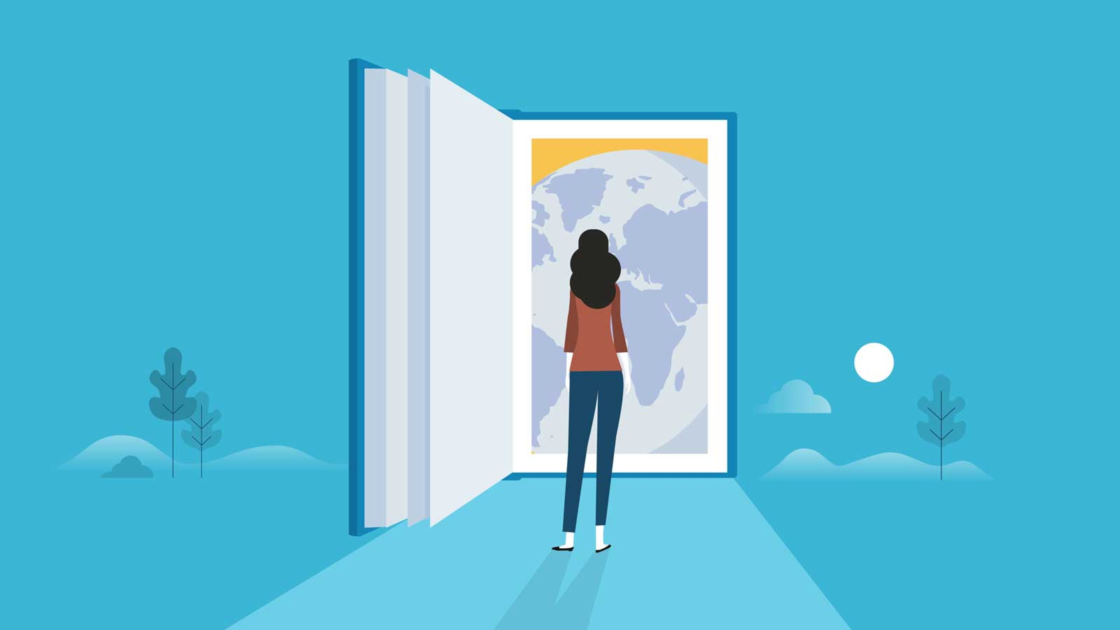 A woman walking out into the world, through a book