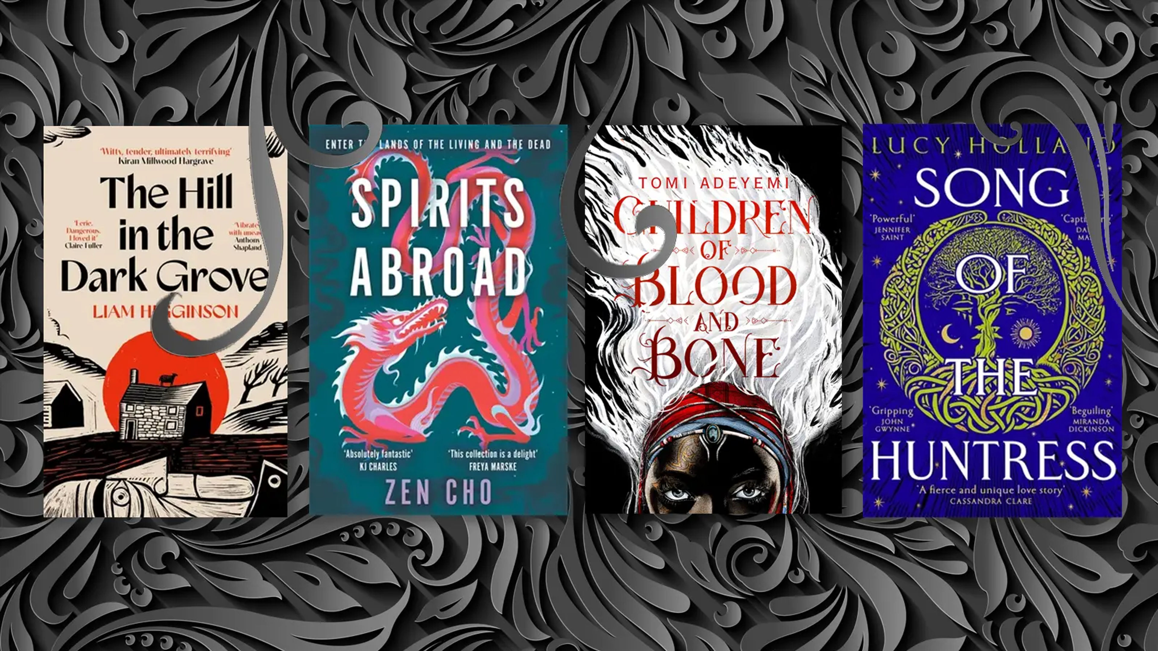 A background of black swirly leafy patterns with four book covers overlaid.