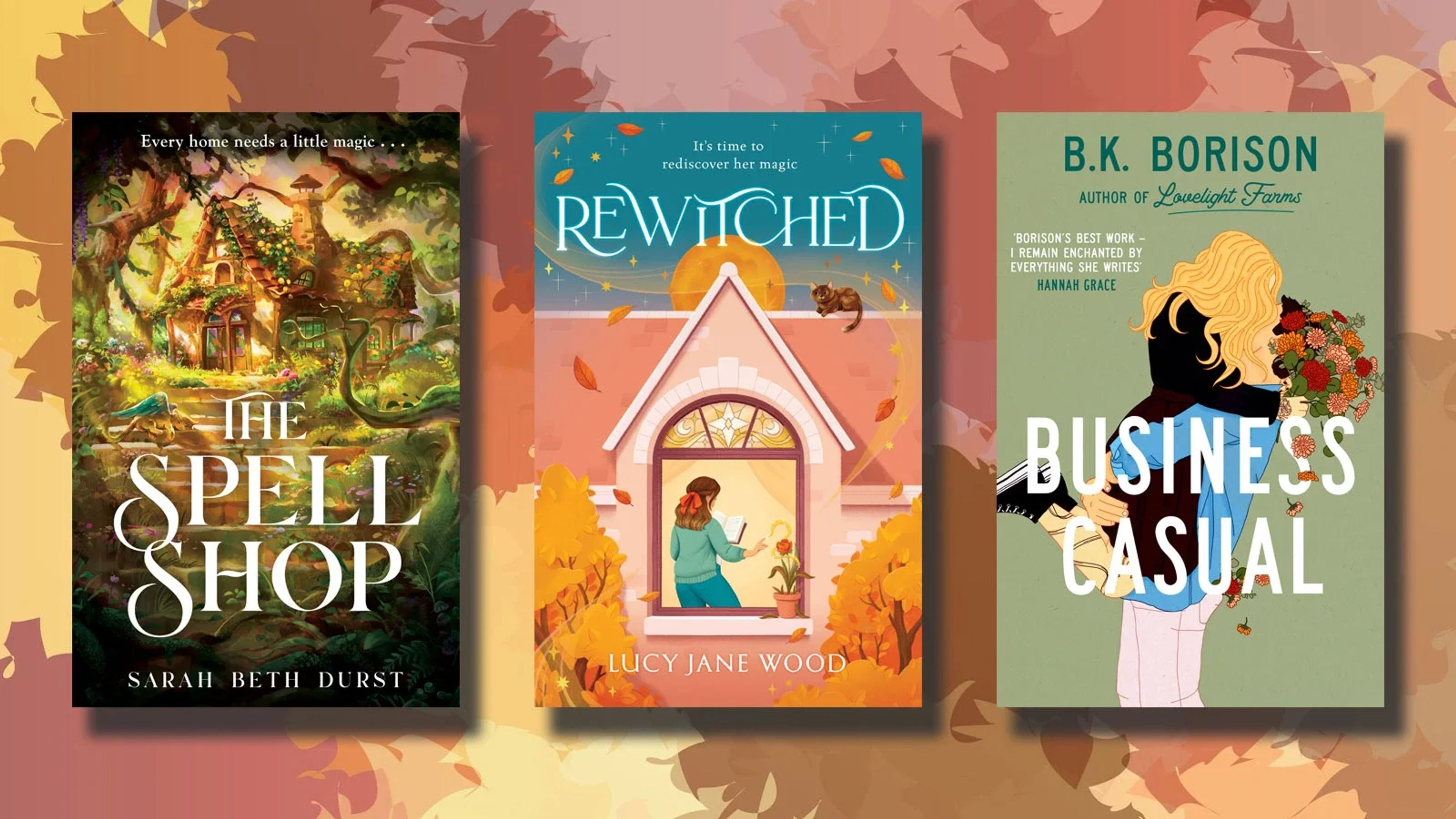 Autumn leaves background with three book covers overlaid.