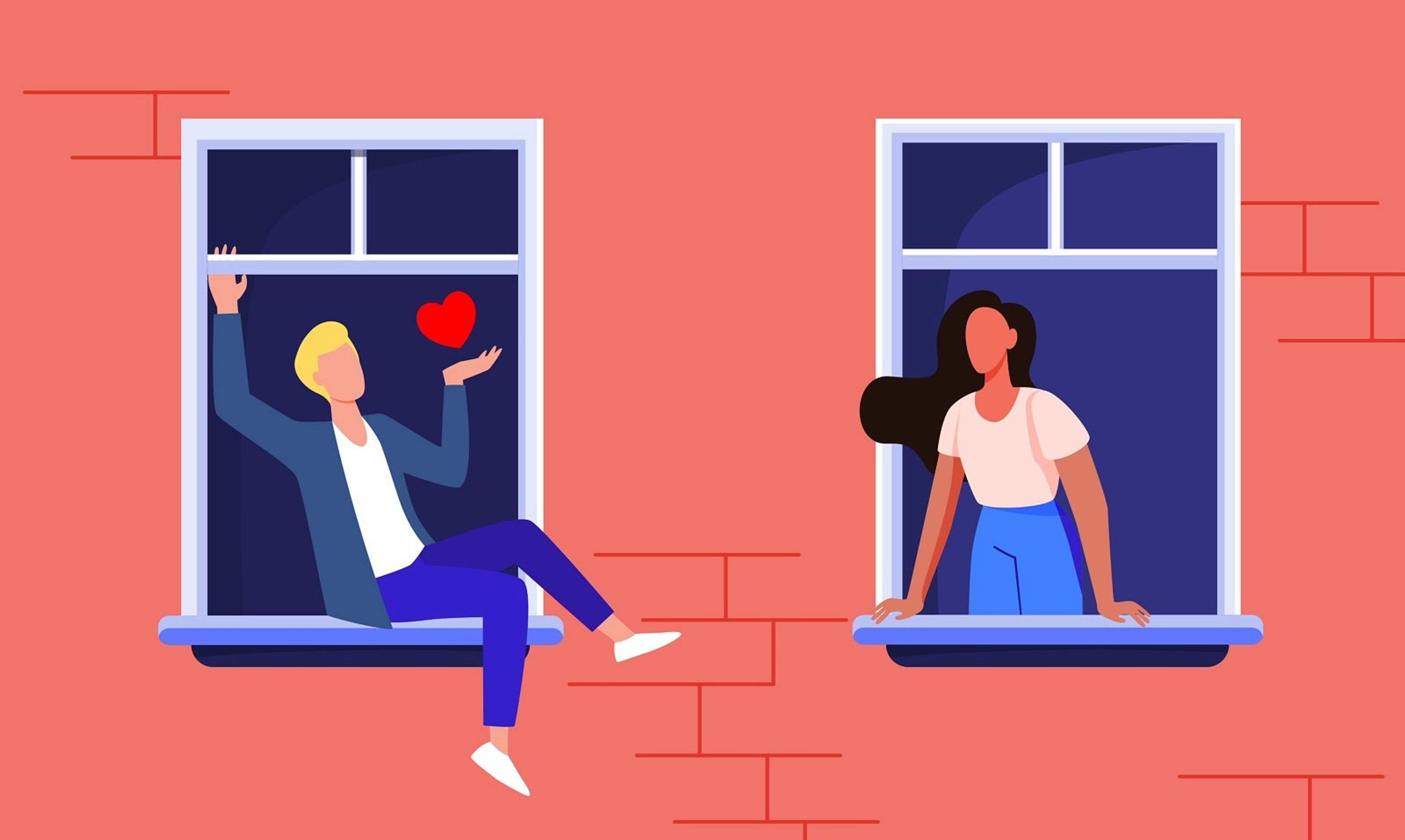 A cartoon man and women talk through nearby windows