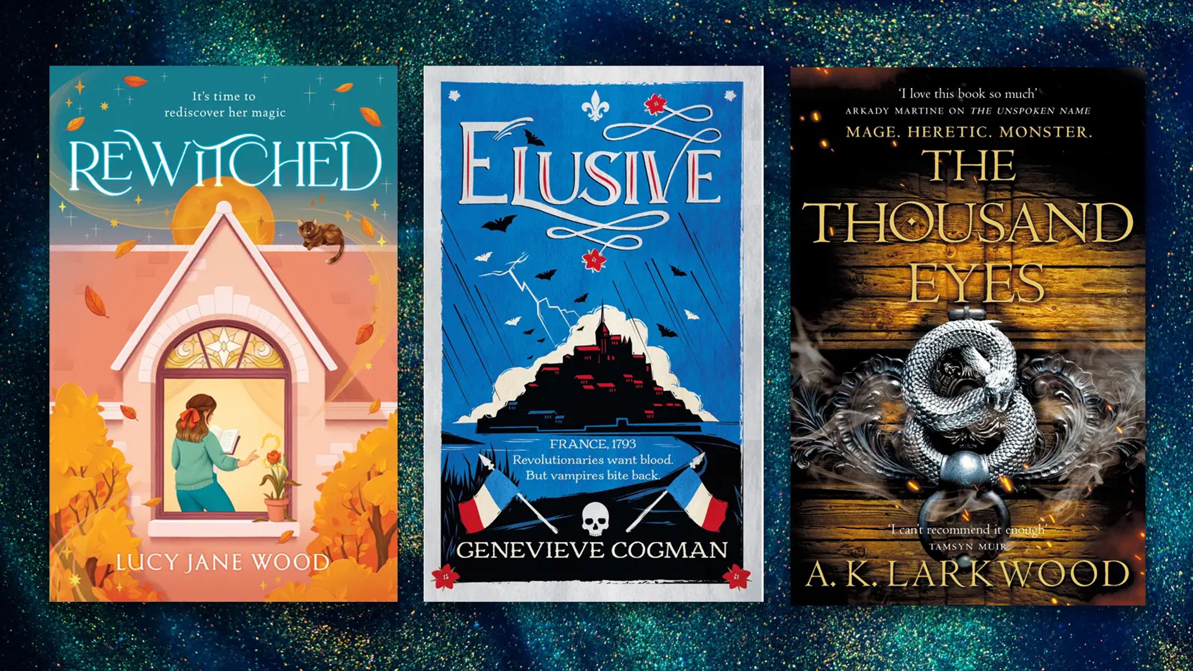 Book covers on a dark, sparkled background