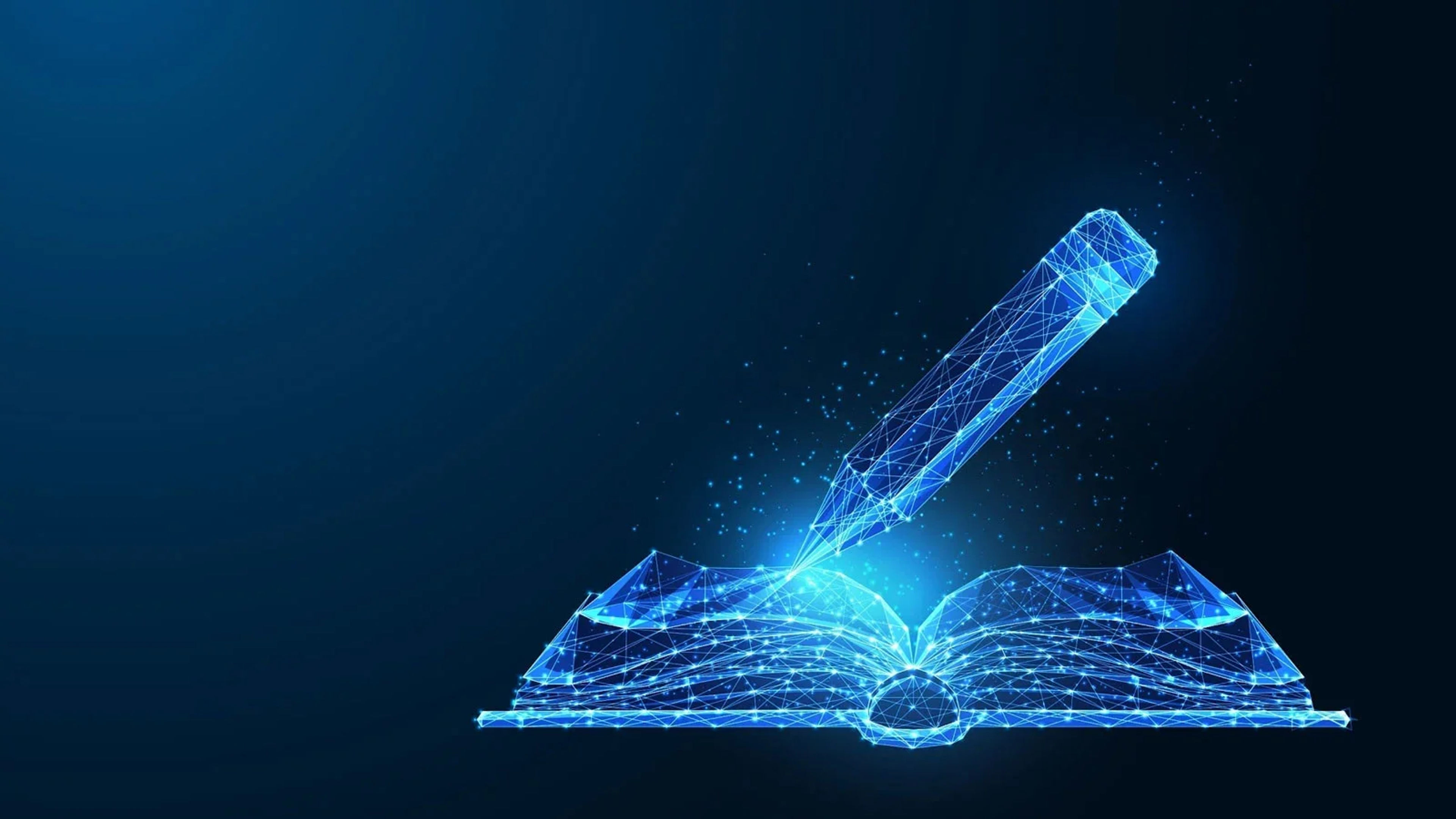 An image of a computer generated book with a pen.