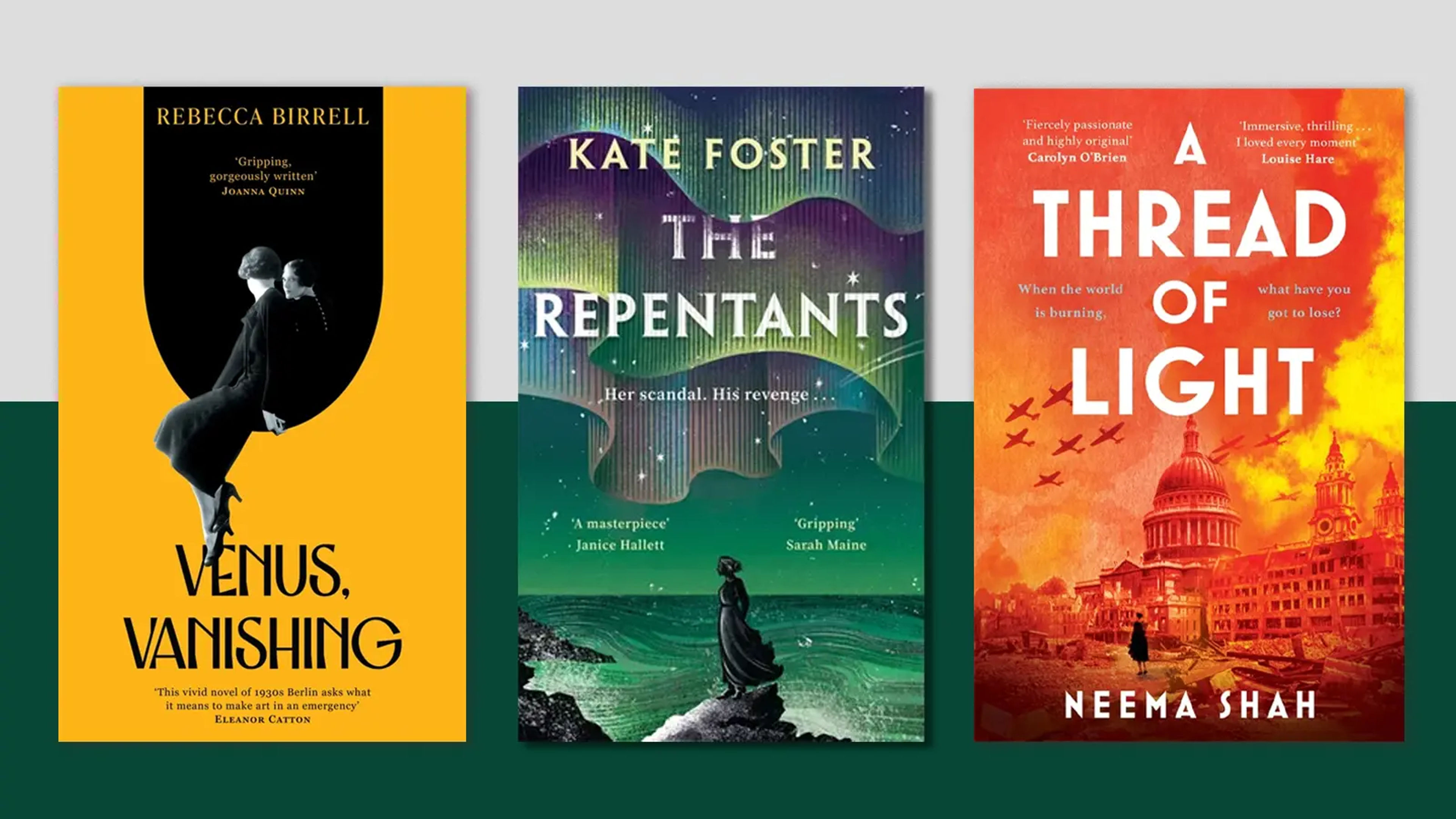 Book jackets on a background of green and grey