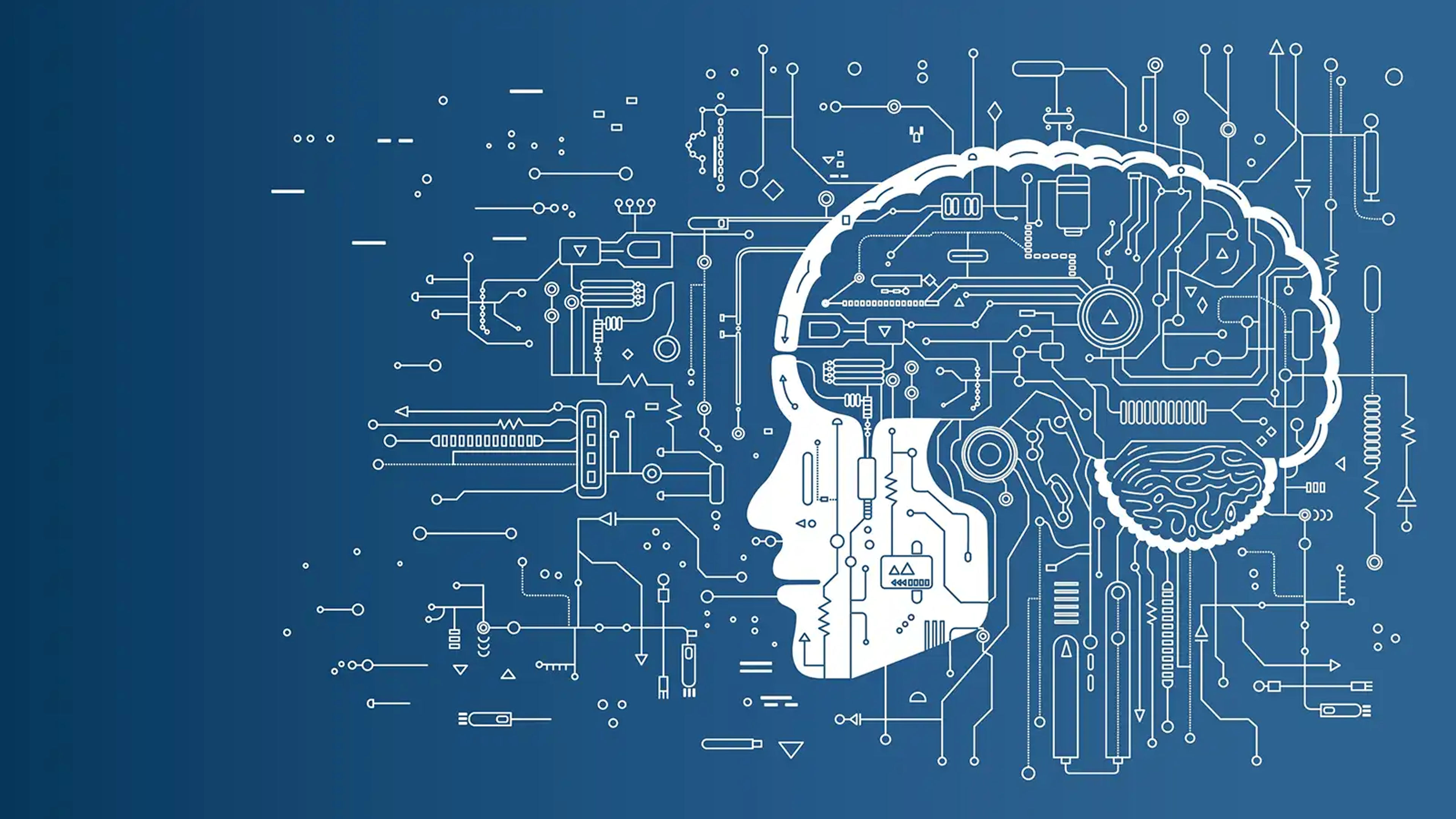 An illustration of a human head in profile, made up of computer components