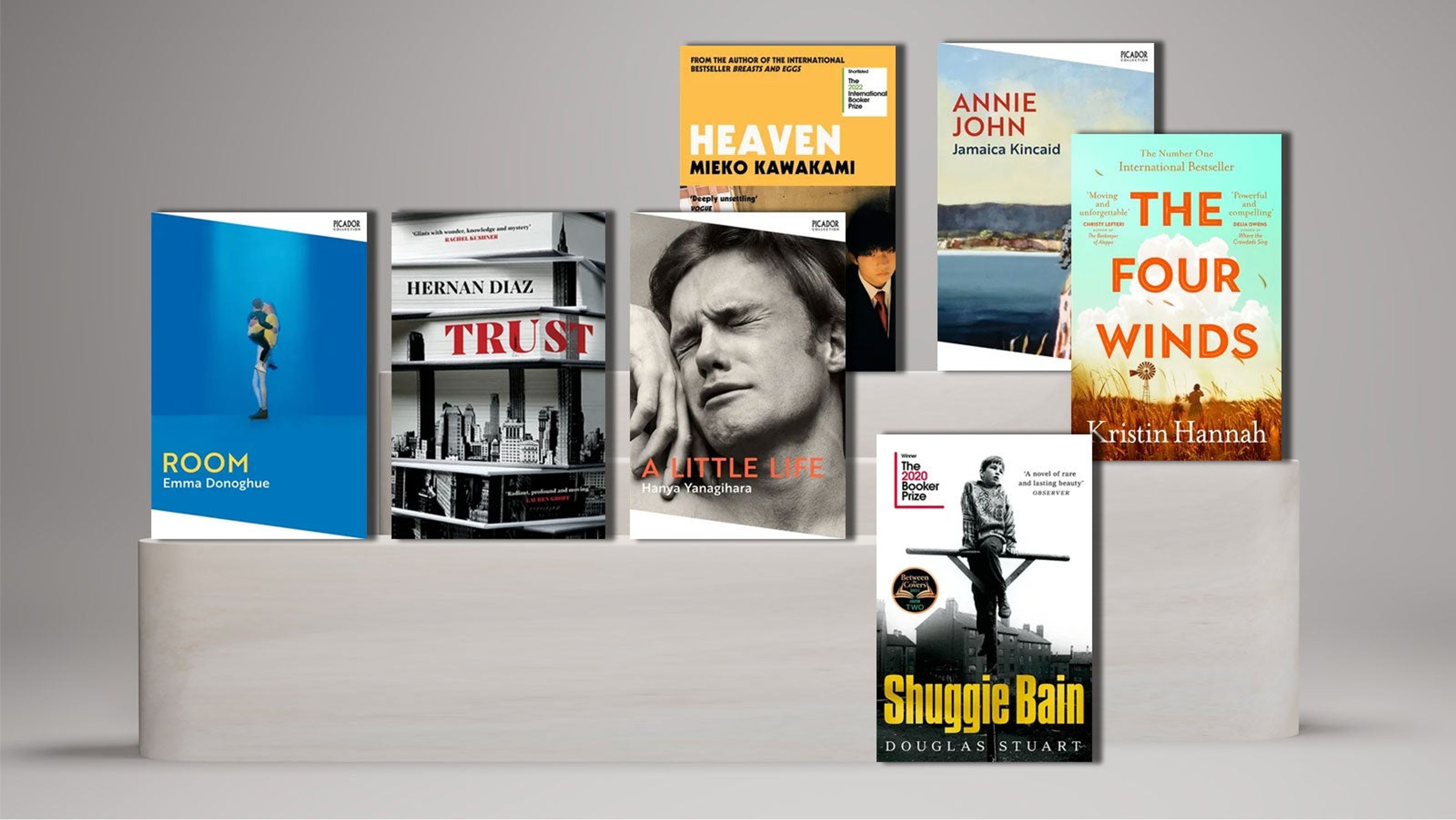 Books (Room, Trust, A Little Life, Shuggie Bain, Heaven, Annie John and The Four Winds) on book shelves