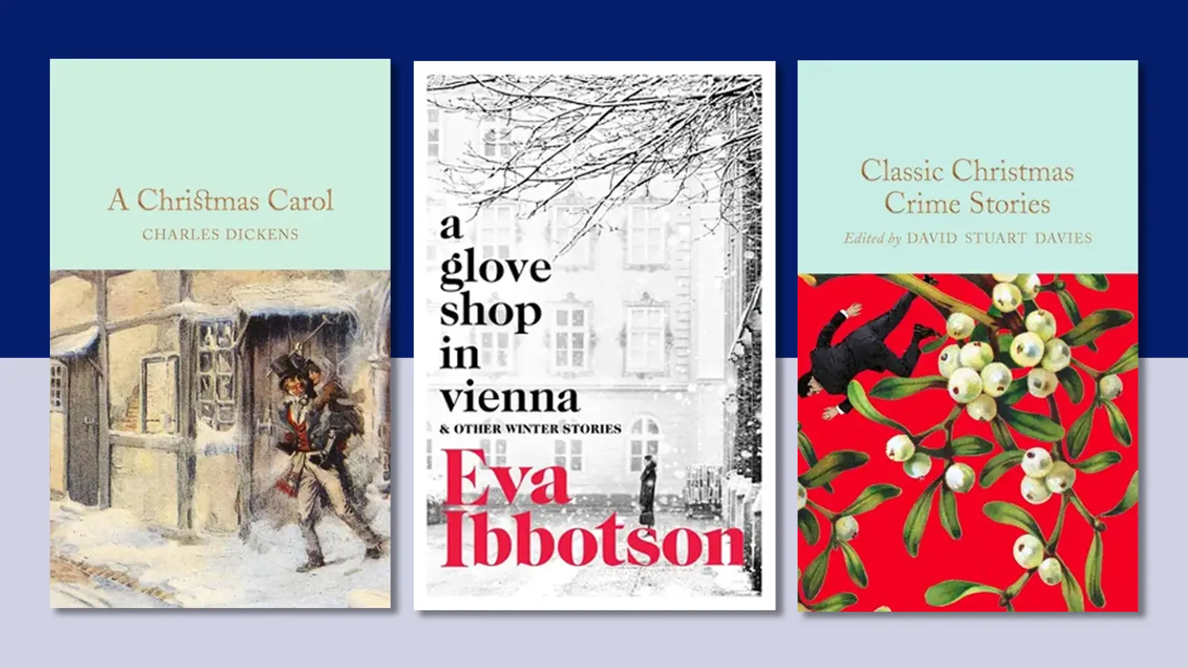 Three book covers on a wintry background