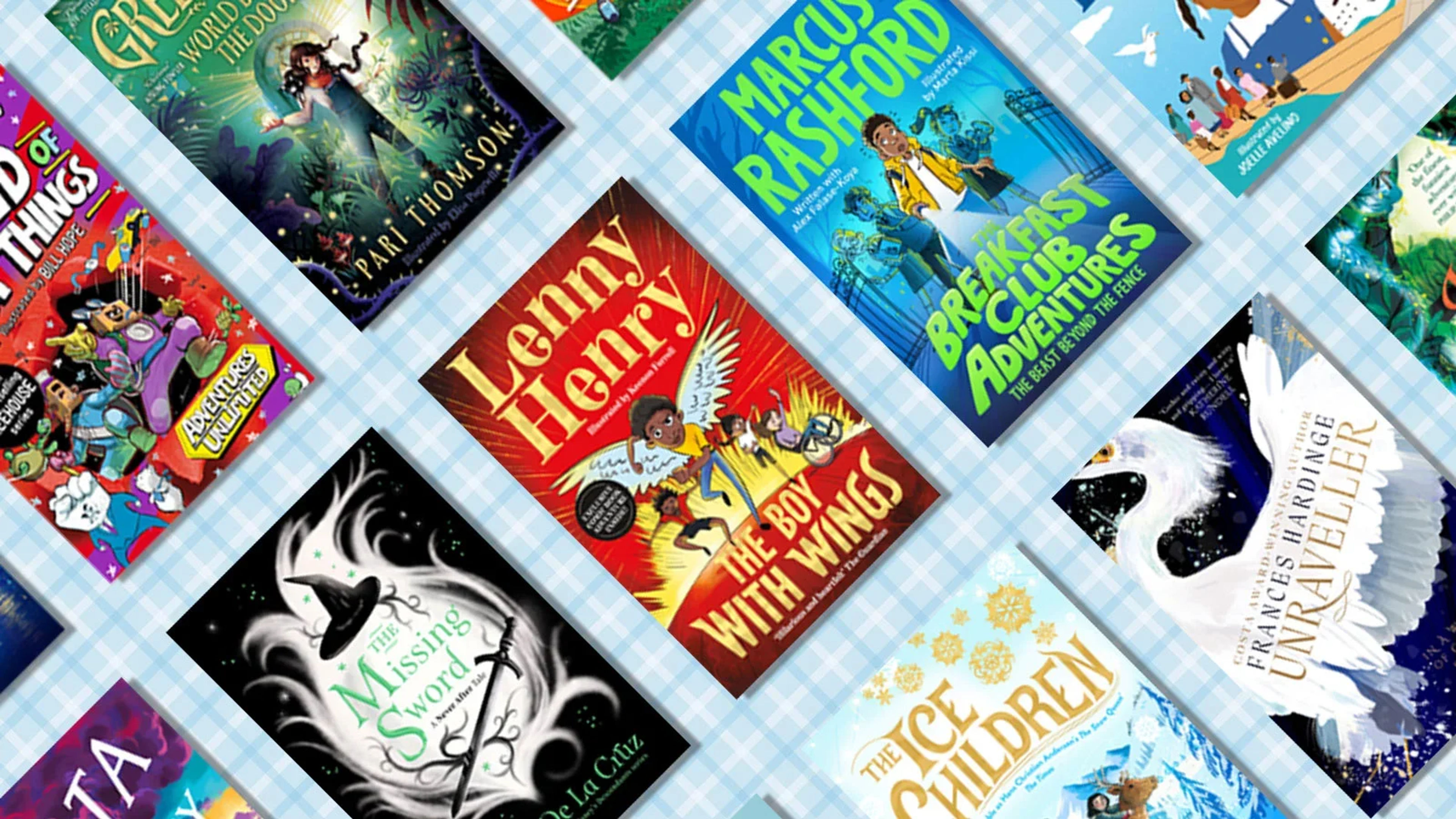 A blue gingham background with children's book covers overlaid.