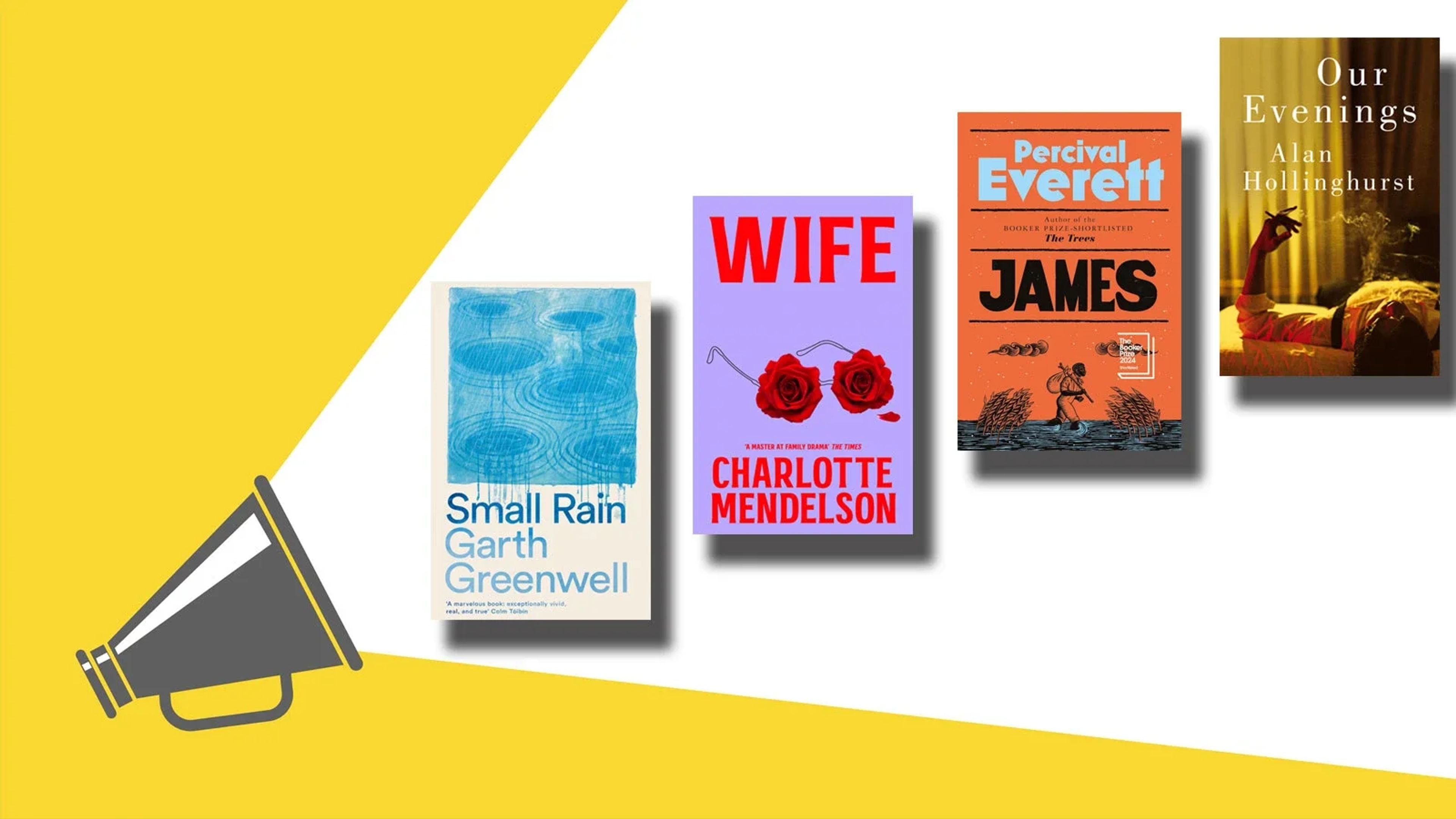 A lamp shining on four book covers: Small Rain, Wife, James and Our Evenings.