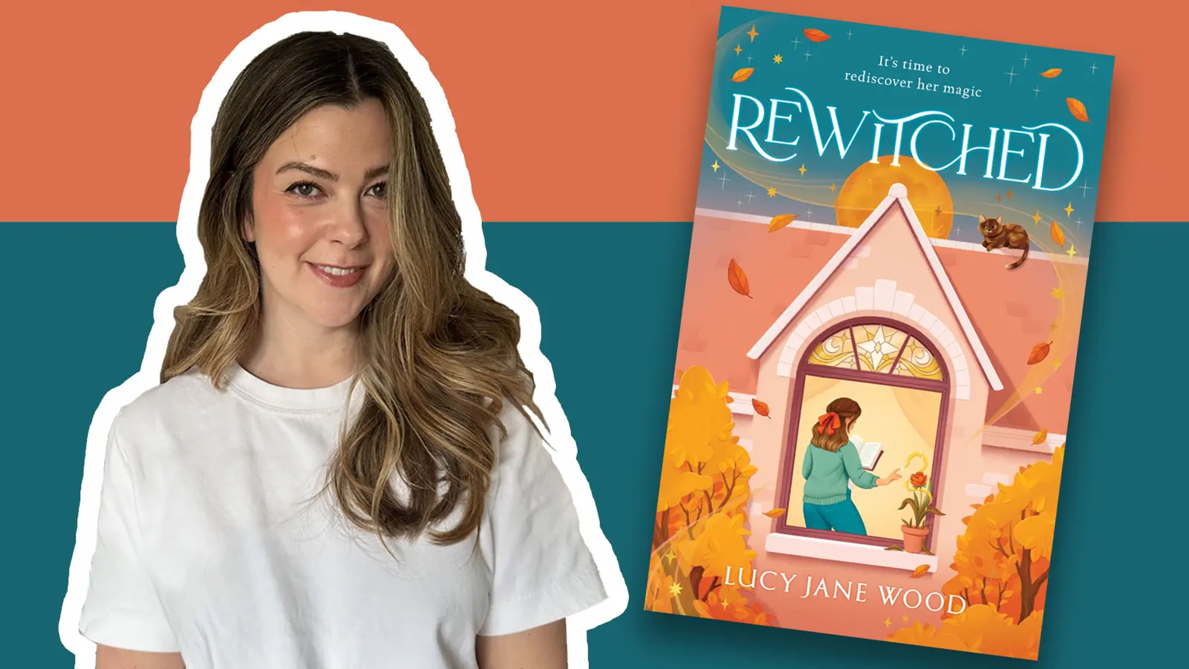 A photo of Lucy Jane Wood alongside the book jacket for Rewitched