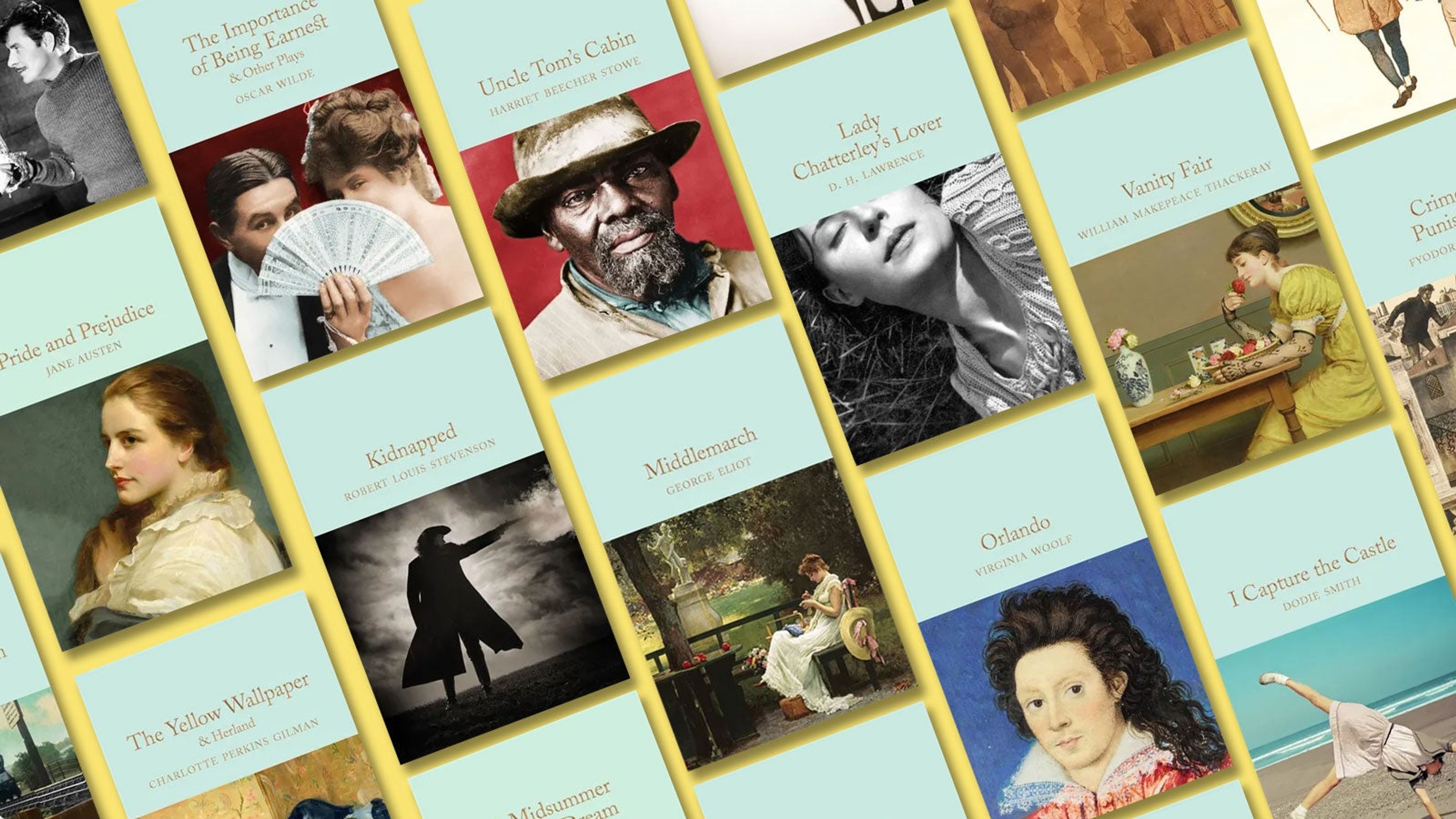 A collage of Macmillan Collector's Library edition titles arrayed on a yellow background.