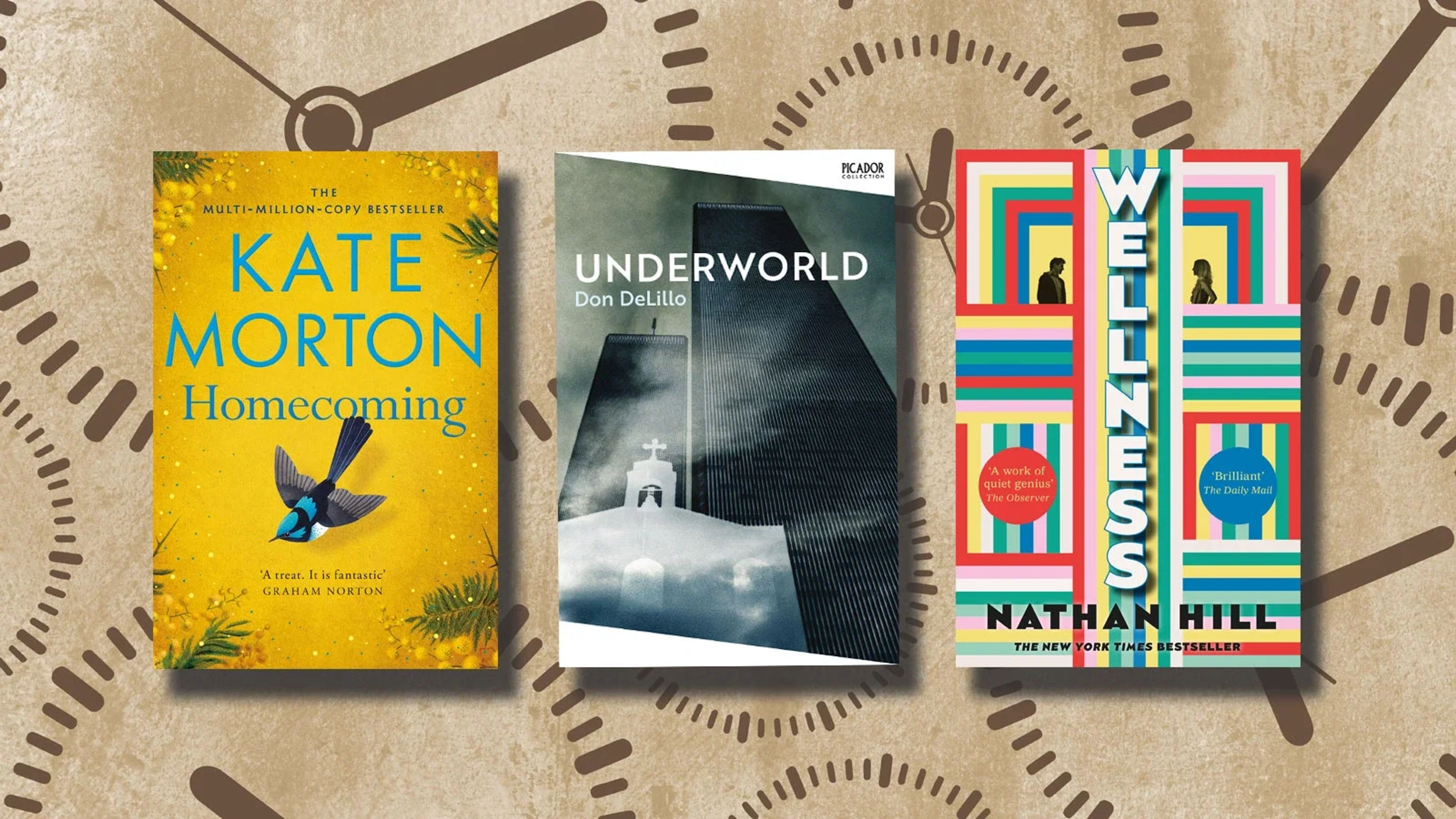A background of lots of clocks with three book covers overlaid.