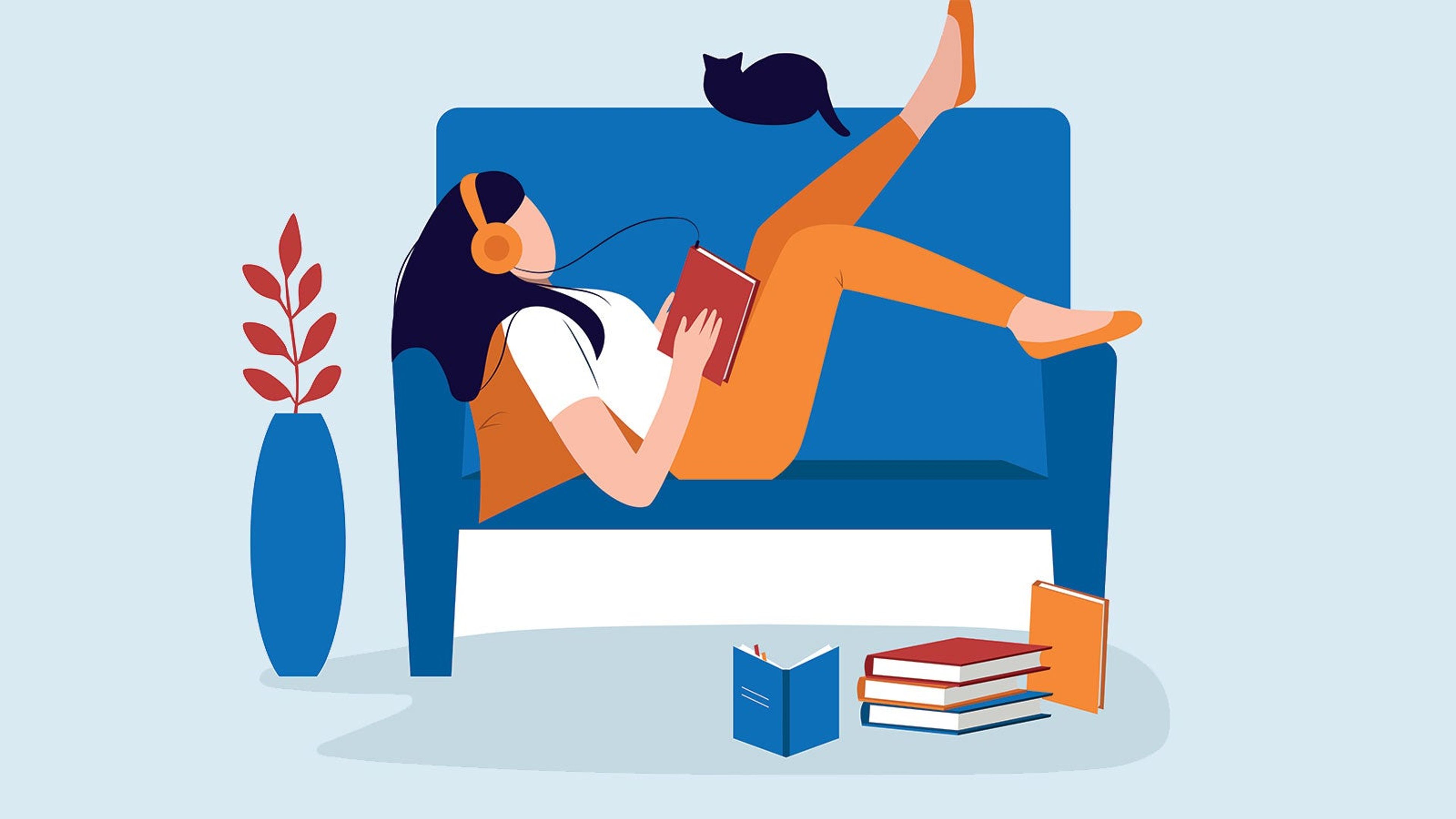 An illustration of a woman with long dark hair lying on a sofa with headphones on, surrounded by books.
