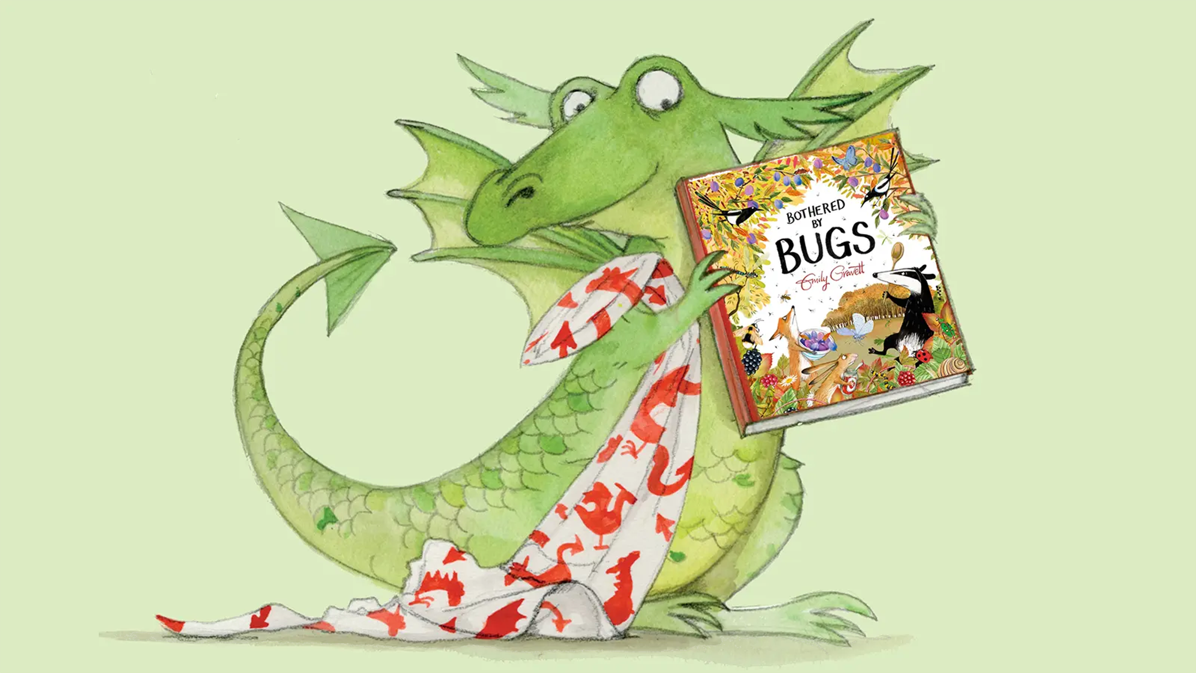 An illustration of a young dragon holding one of Emily Gravett's books