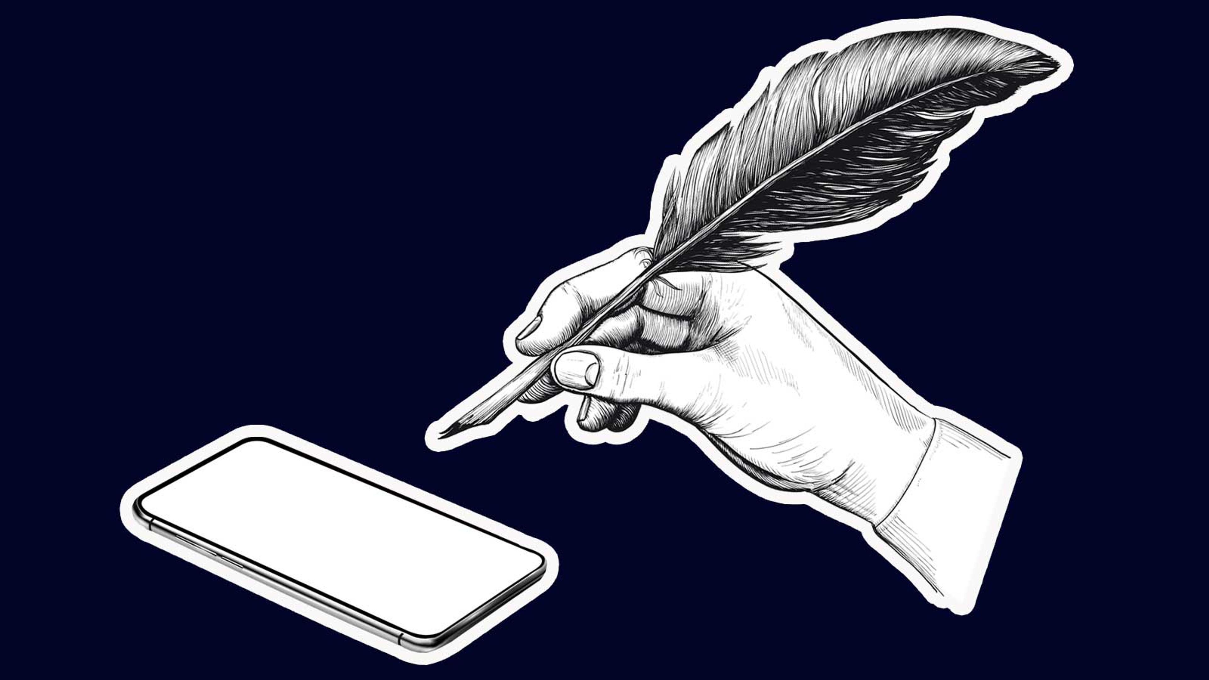 A hand holds a quill pen over a mobile phone