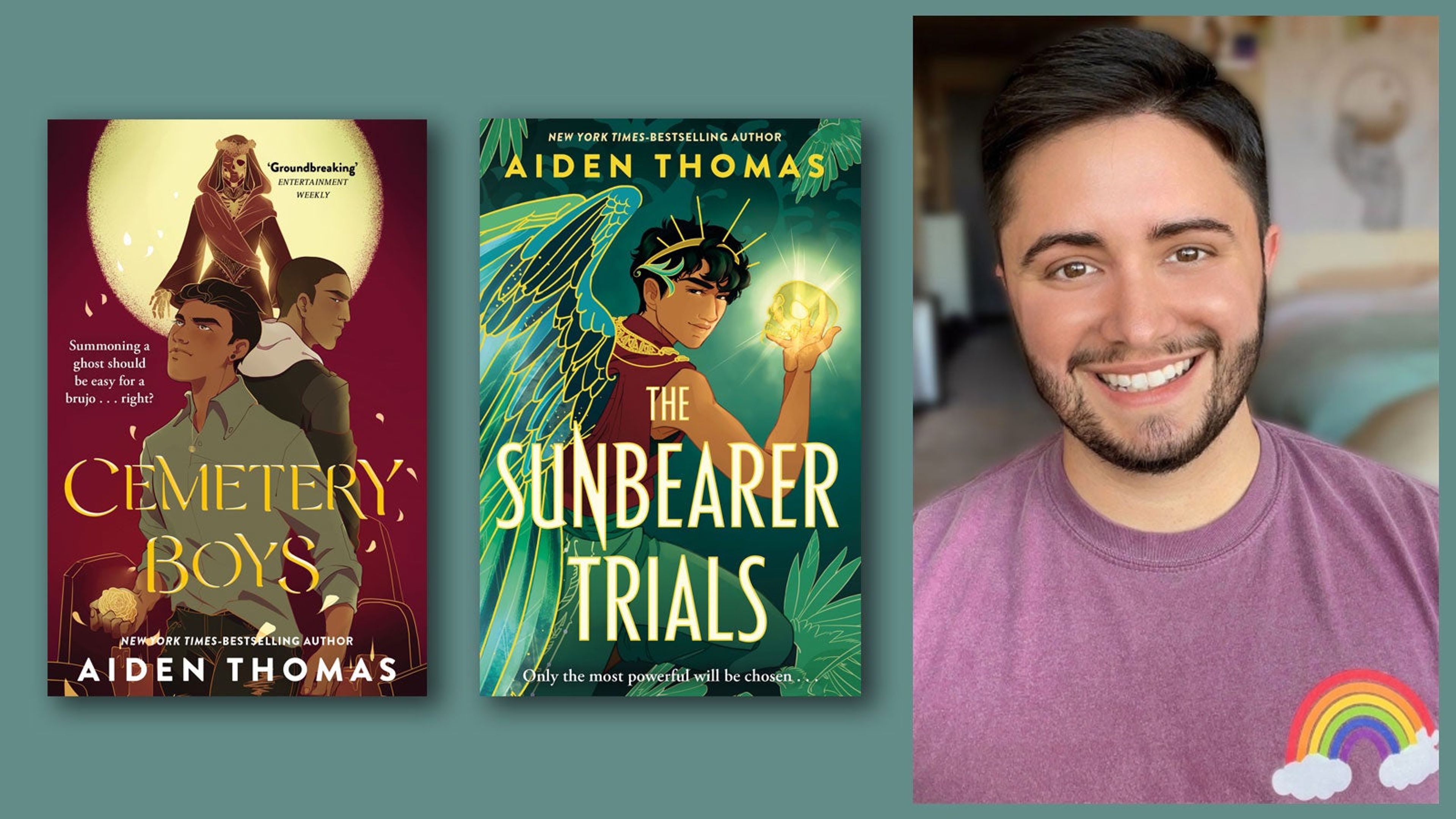 The book covers for Cemetery Boys and The Sunbearer Trials and a photograph of writer Aiden Thomas in a purple t-shirt with rainbow motif