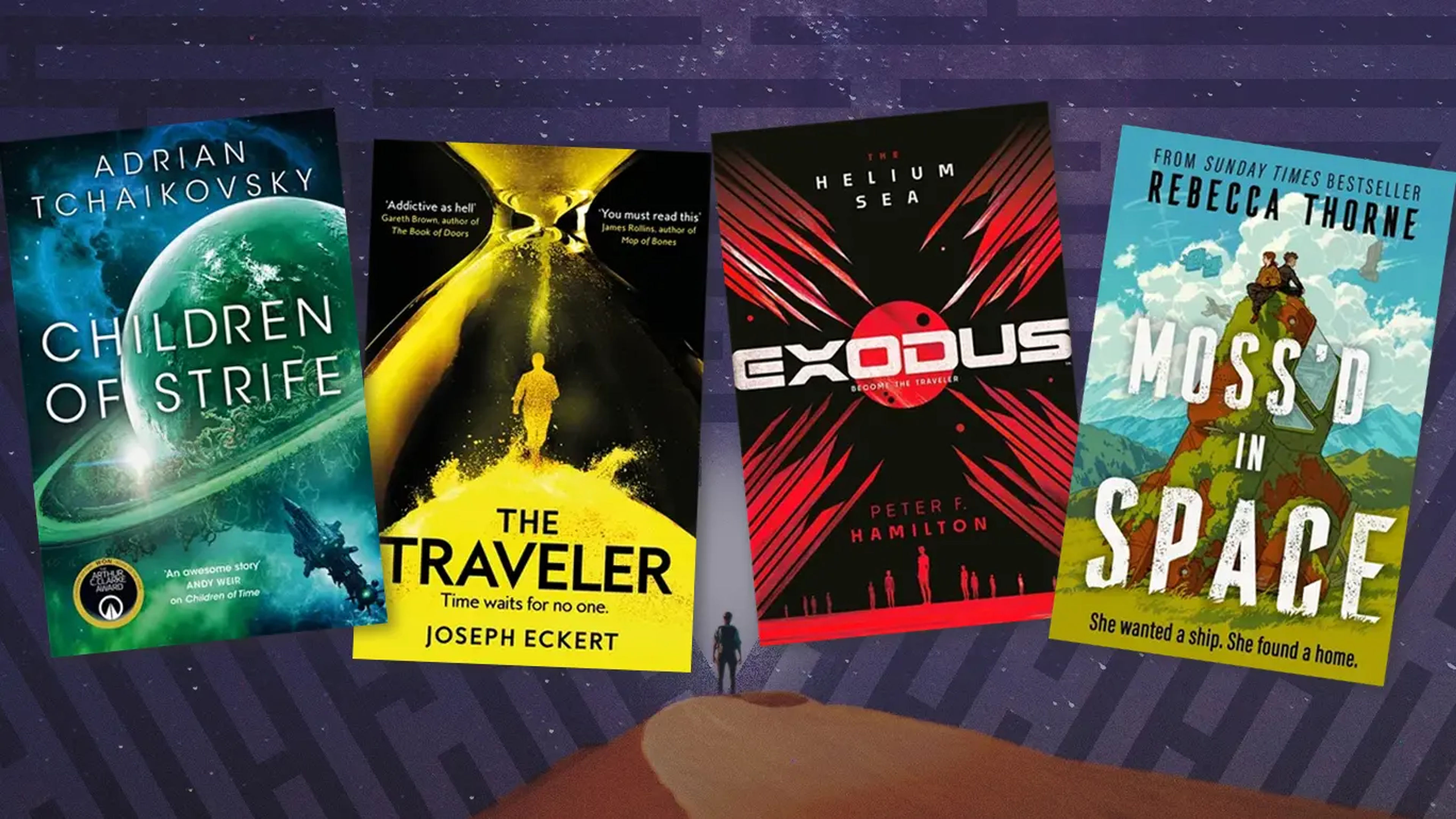 A geometric maze background, taken from the hardback cover of Rose/House, with four book covers overlaid