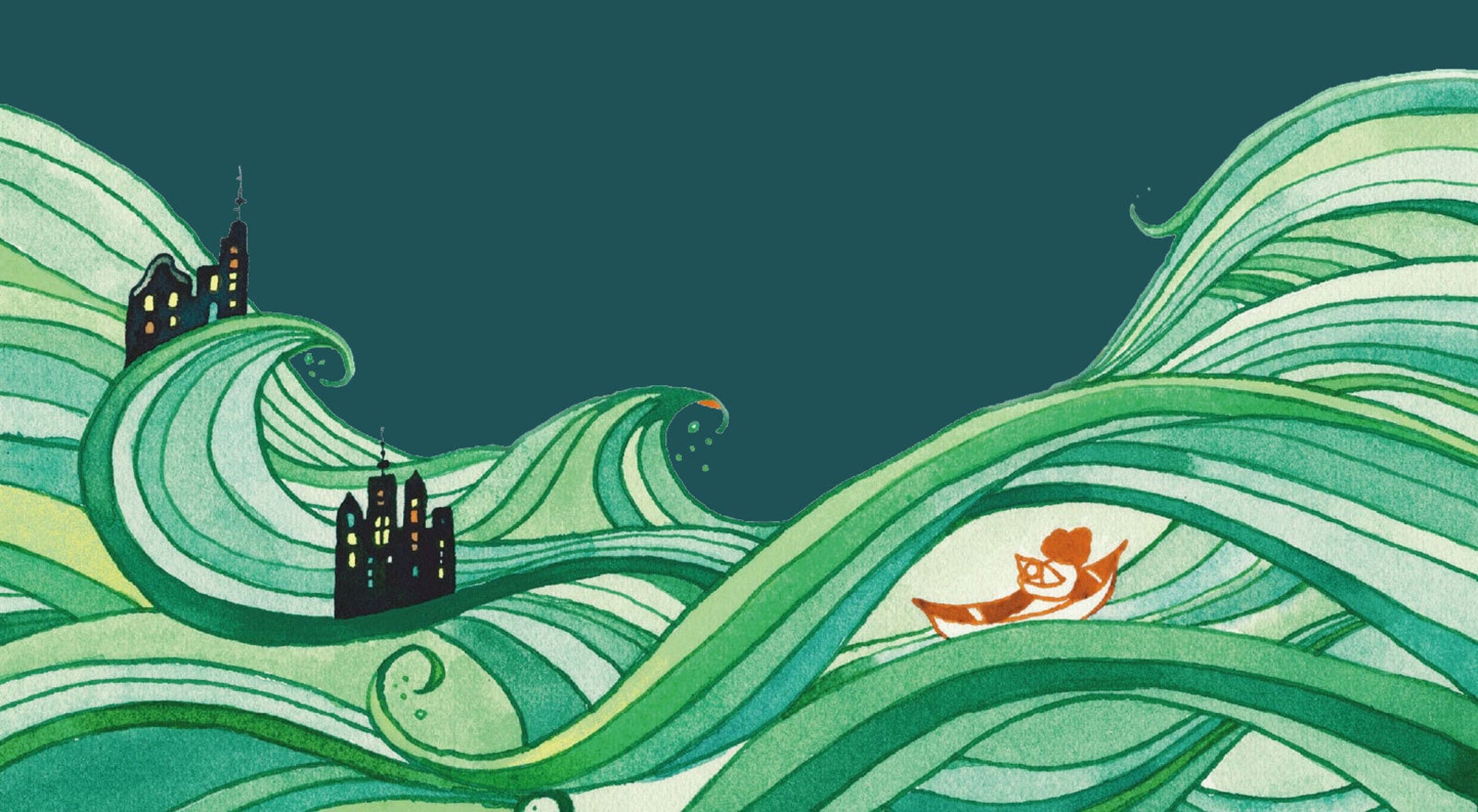 A drawing that looks like green waves made out of leaves with some houses and a boat floating on them.