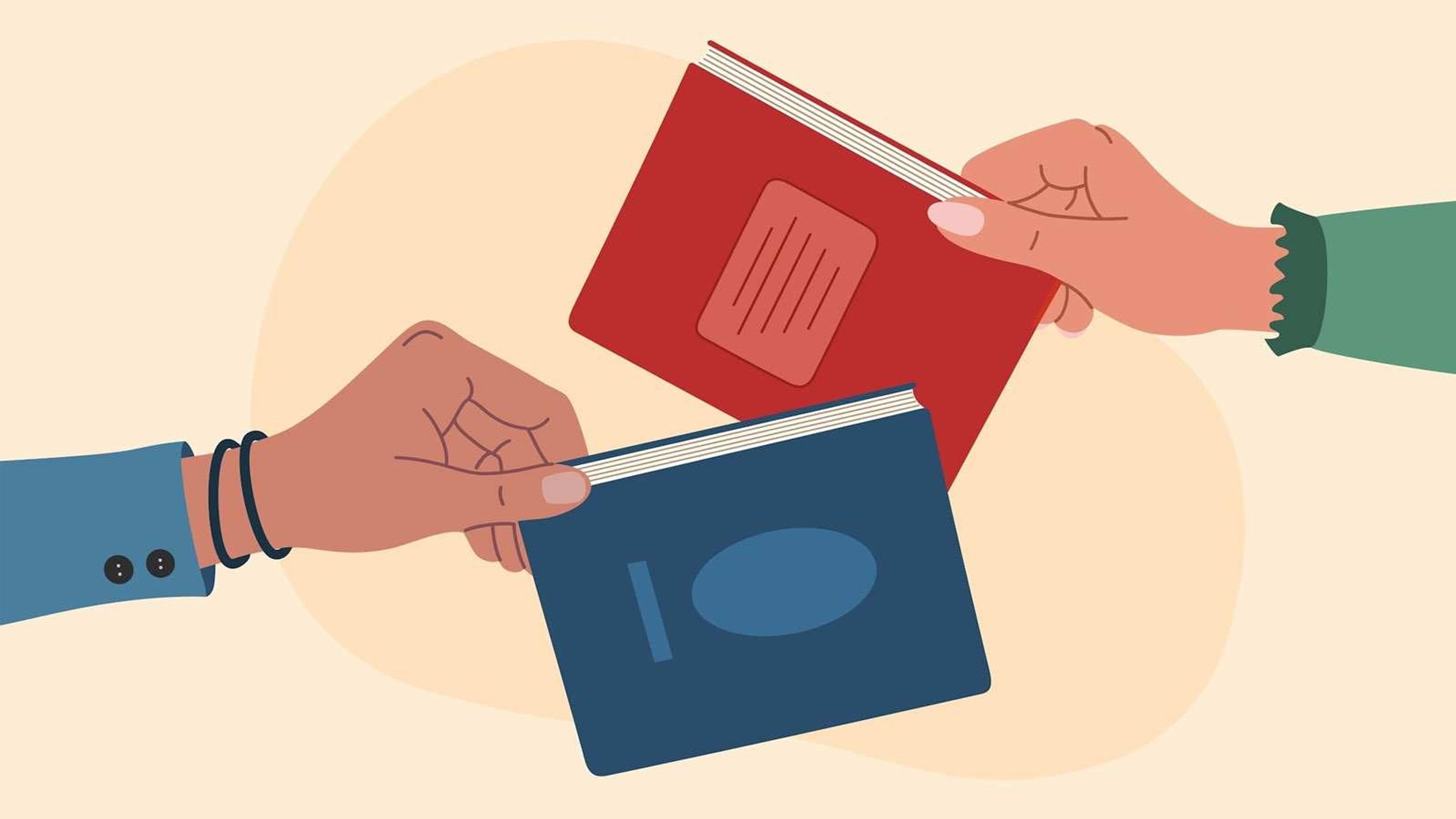 An illustration of two hands exchanging a blue and a red book.