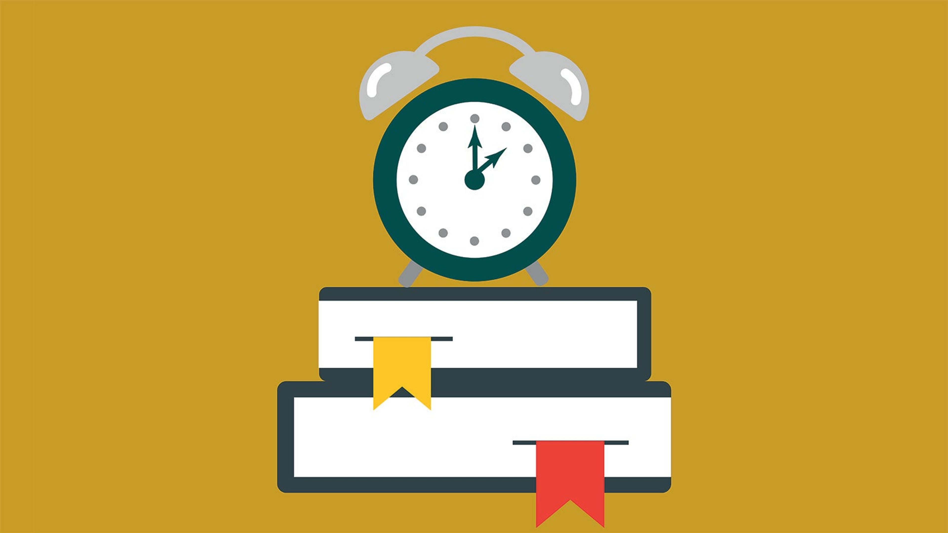 Illustration of an alarm clock sitting on a pile of books