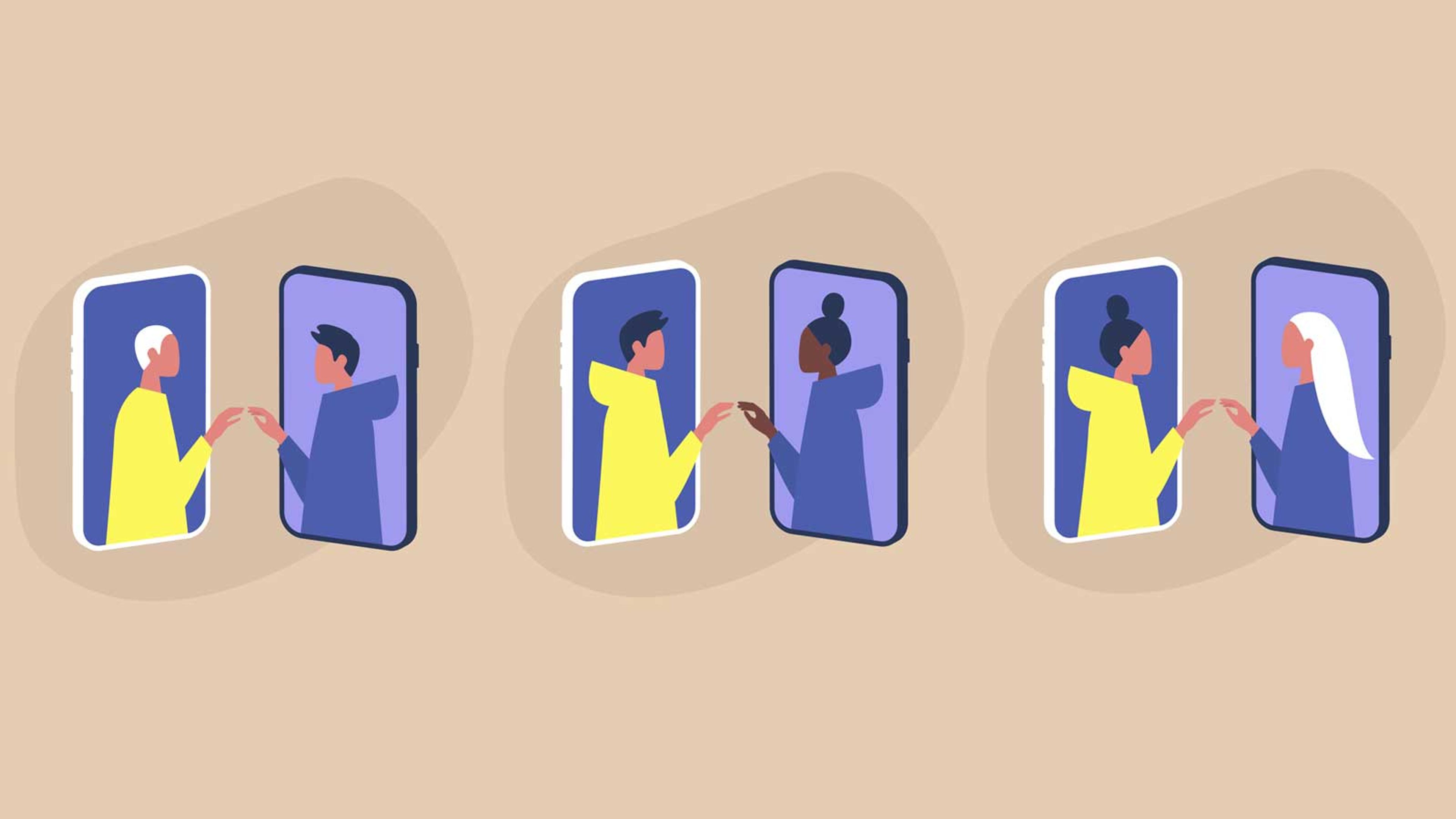 An illustration of three couples reaching for each other out of phone screens
