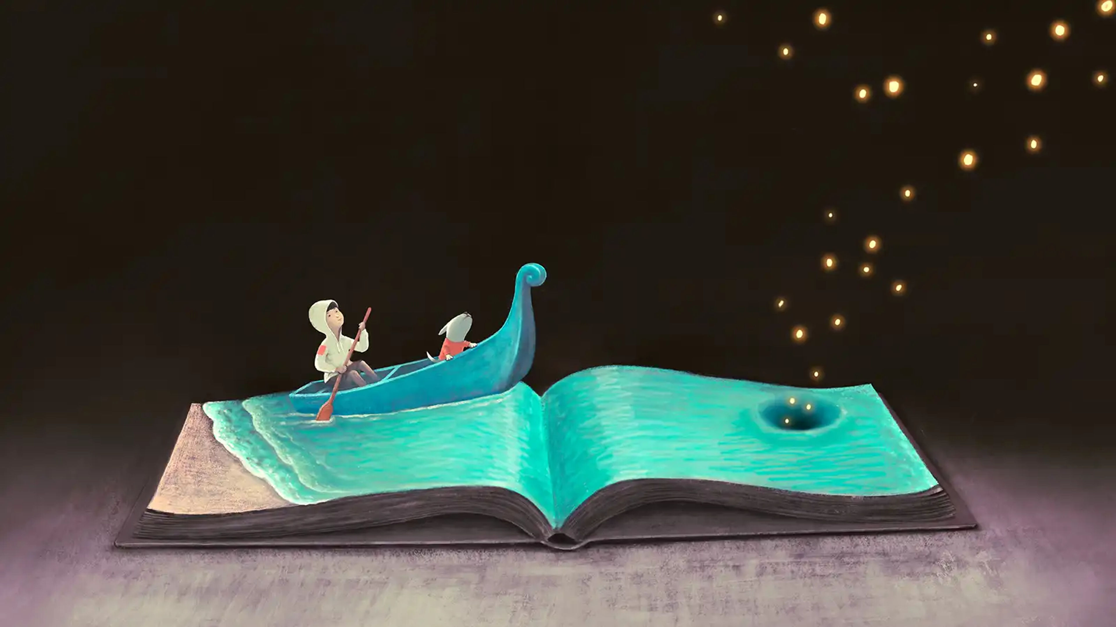 Illustration of a child in a boat with a dog, rowing across a book