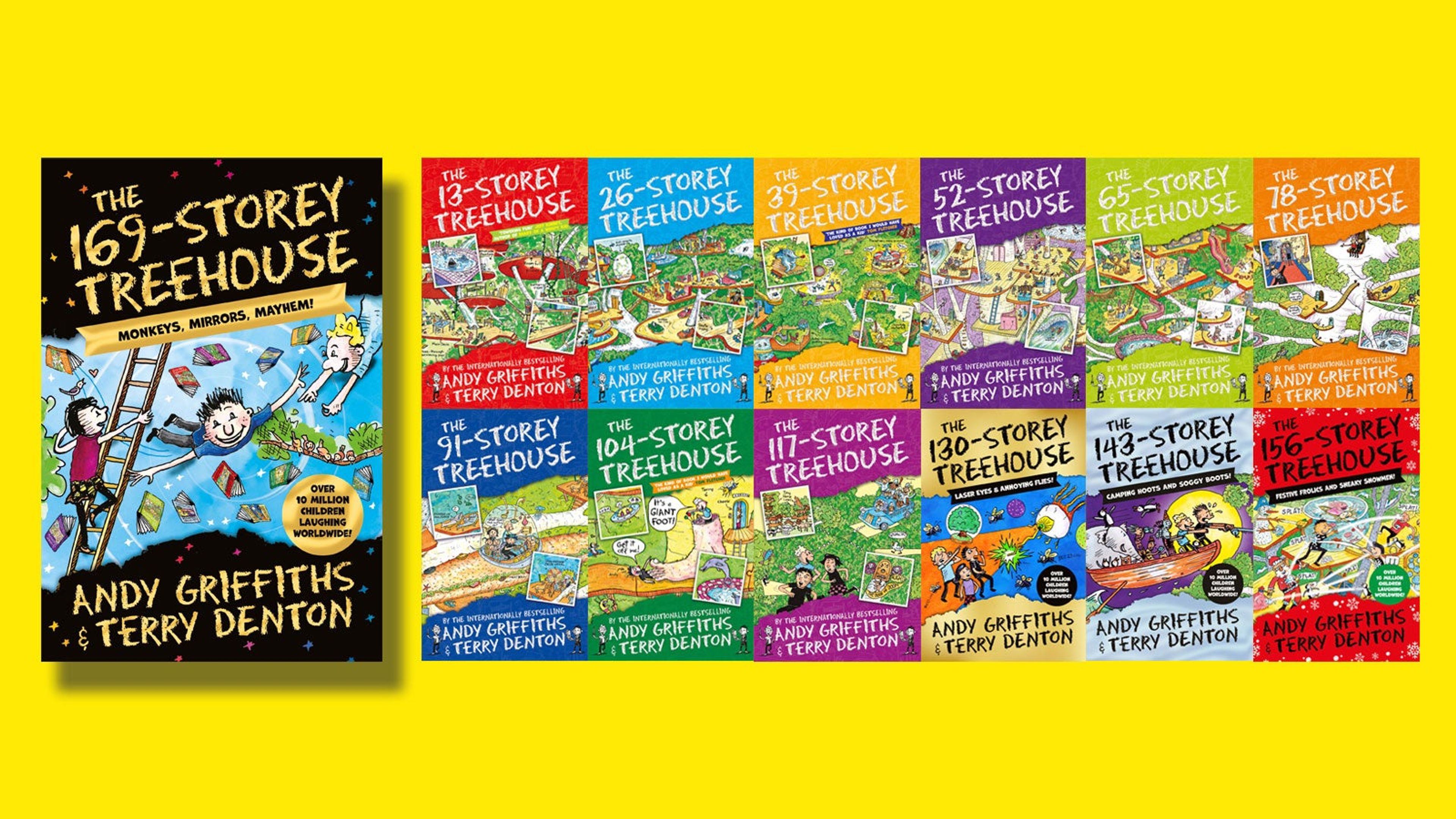 All thirteen of the Treehouse book covers against a yellow background.