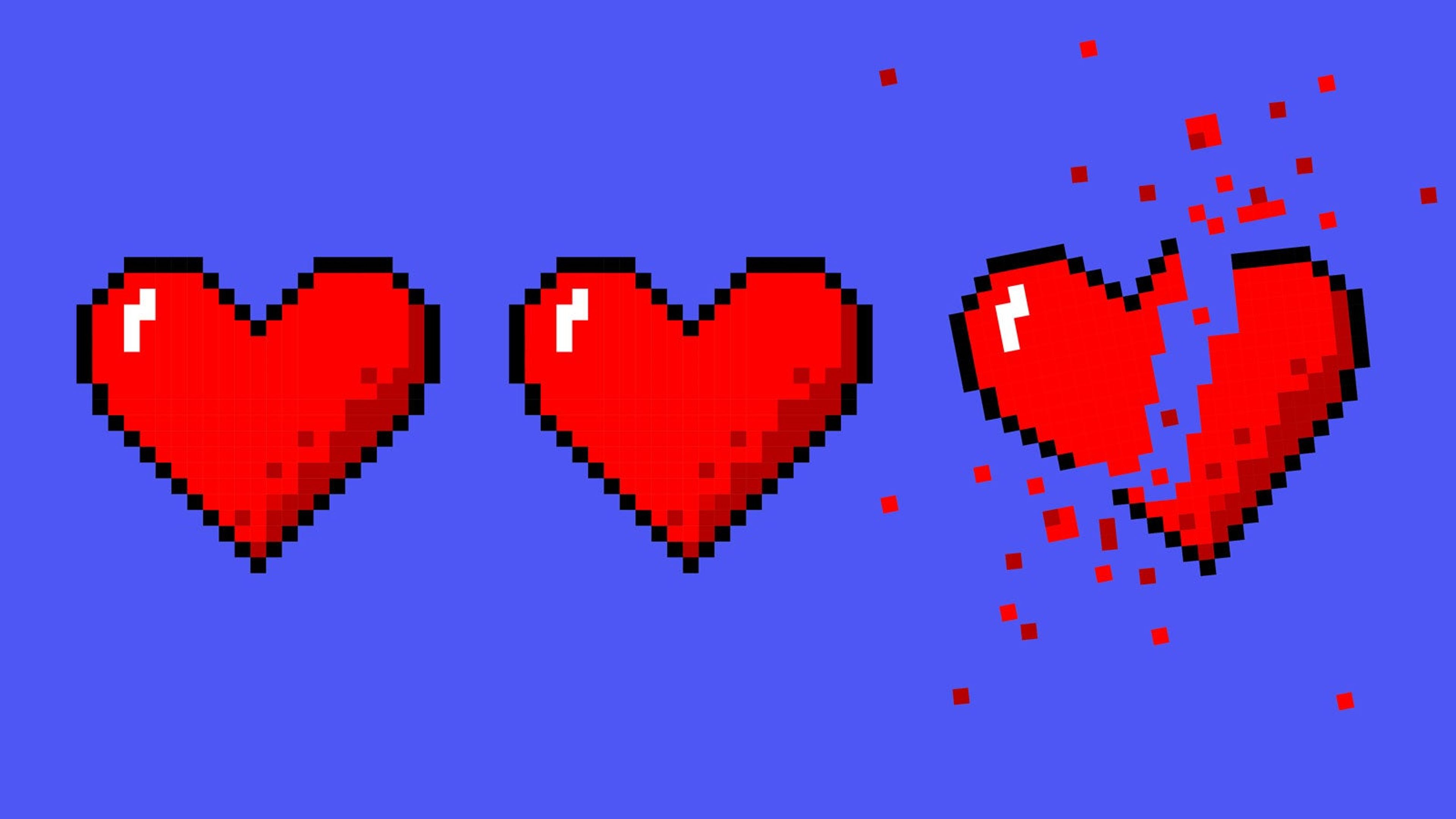 Three pixelated hearts in a row, the last one of which is breaking