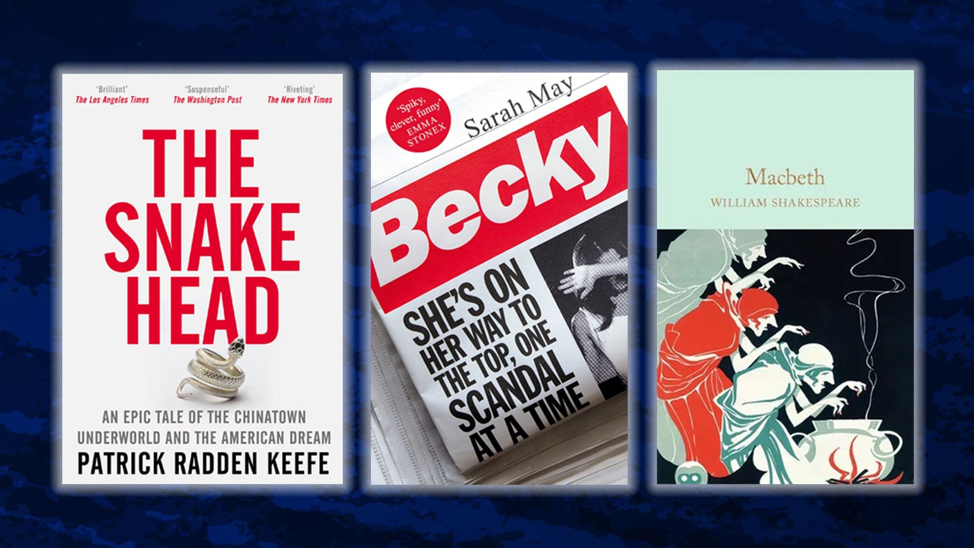 The Snakehead, Becky and Macbeth cover art on a dark blue background