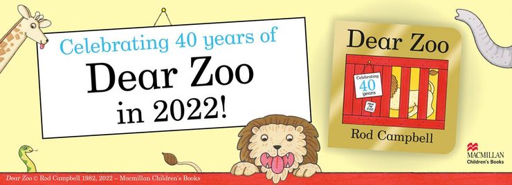 An illustrated banner with animals from Rod Campbell's Dear Zoo alongside a banner that reads 'Celebrating 40 years of Dear Zoo in 2022!'