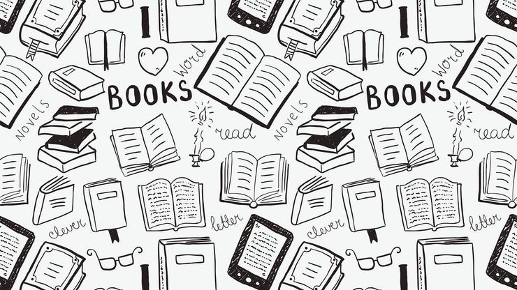 A cartoon background of books, ereaders and glasses.