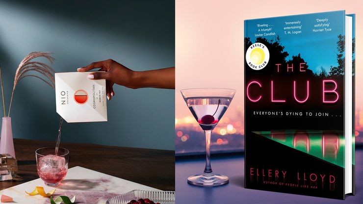 An image of a NIO cocktail being poured alongside a copy of The Club by Ellery Lloyd.