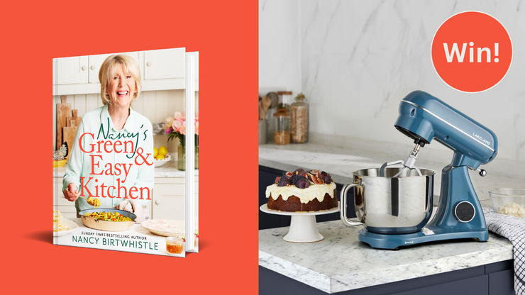 Nancy's Green and Easy Kitchen Cookbook next to an image of a blue Lakeland cake mixer