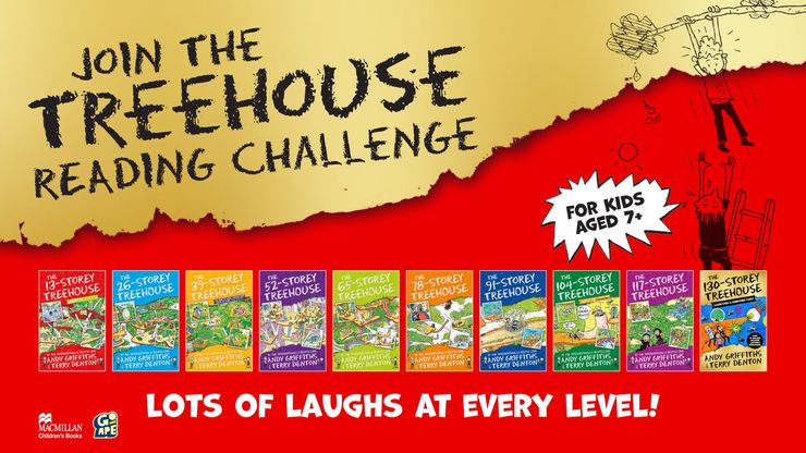 A graphic that reads 'Join the Treehouse Reading Challenge' and shows each of the books in the Treehouse series.