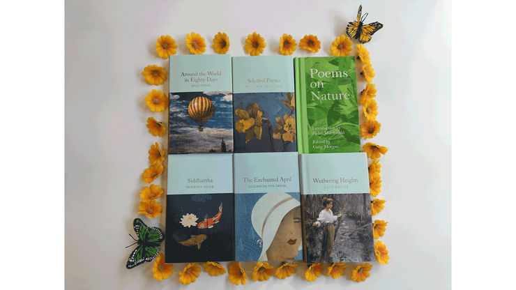 six classic books with flowers around them and two butterflies