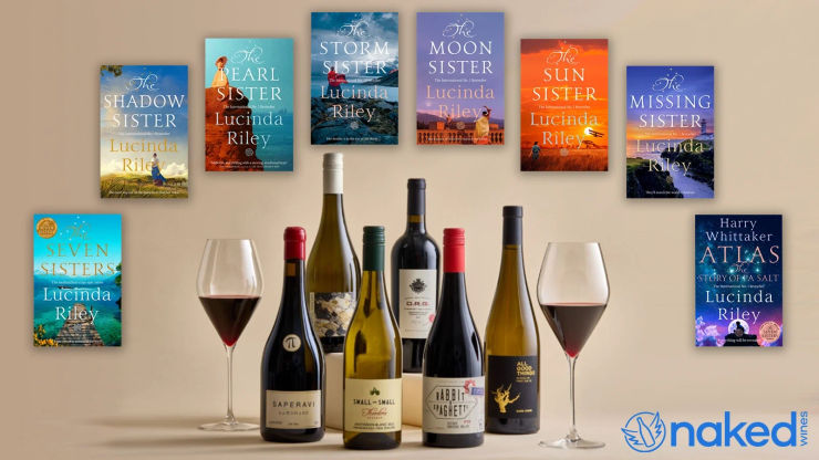 Image of the 8 Seven sisters Paperback and a selection of Wine with the Naked Wines logo