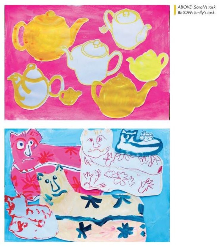 Two paintings: the first showing multiple abstract paintins of teapots in white and yellow set against a pink background, the sceond showing give abstract paintings of a cat in pinks, blues reads and creams set against a blue background
