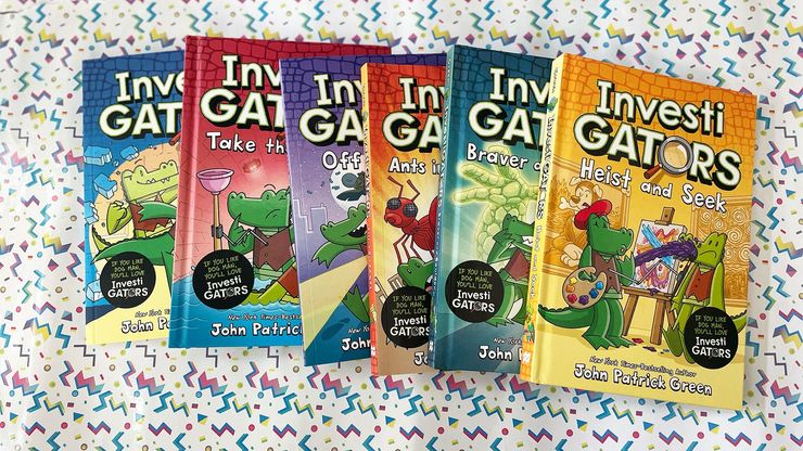 Six InvestiGators books fanned out on a cartoon background.
