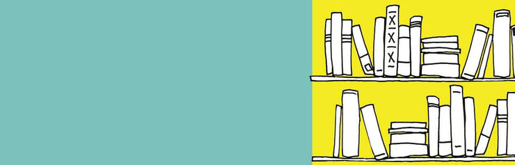 An illustrated banner, books sitting on a yellow bookshelf on a pale green background.
