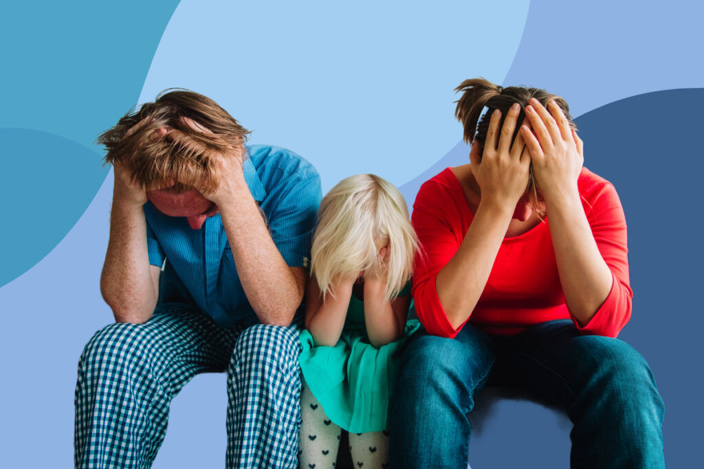 father mother and child covering face in stress