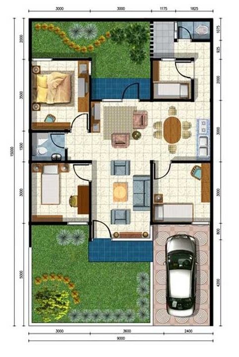 Denah rumah dengan taman yang luas