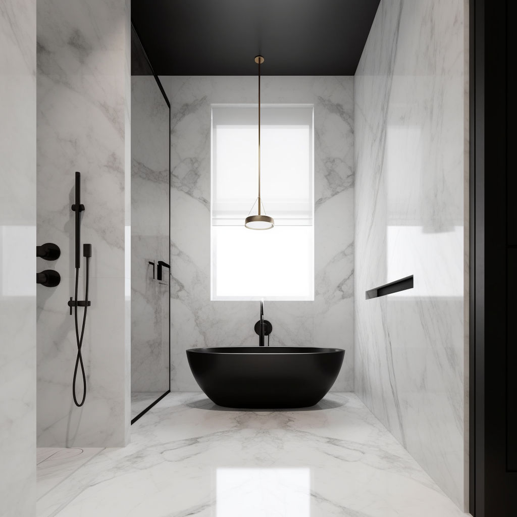 Desain kamar mandi modern dengan bathtub hitam