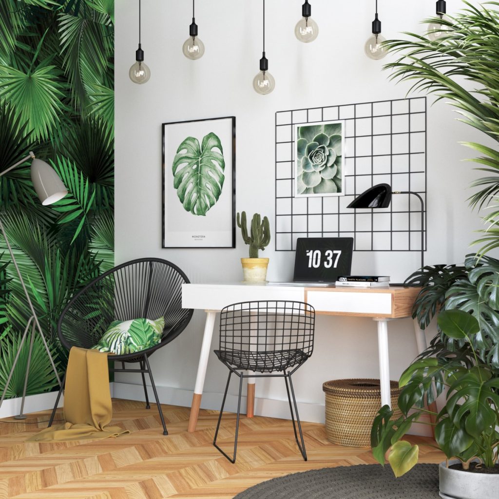 Desain ruang kerja bernuansa alami dengan wallpaper