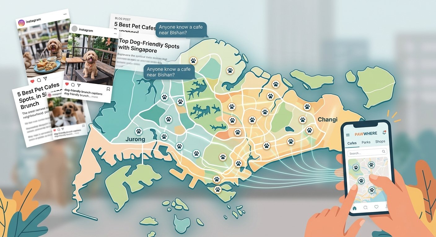 Illustrated map of Singapore with pet-friendly spots